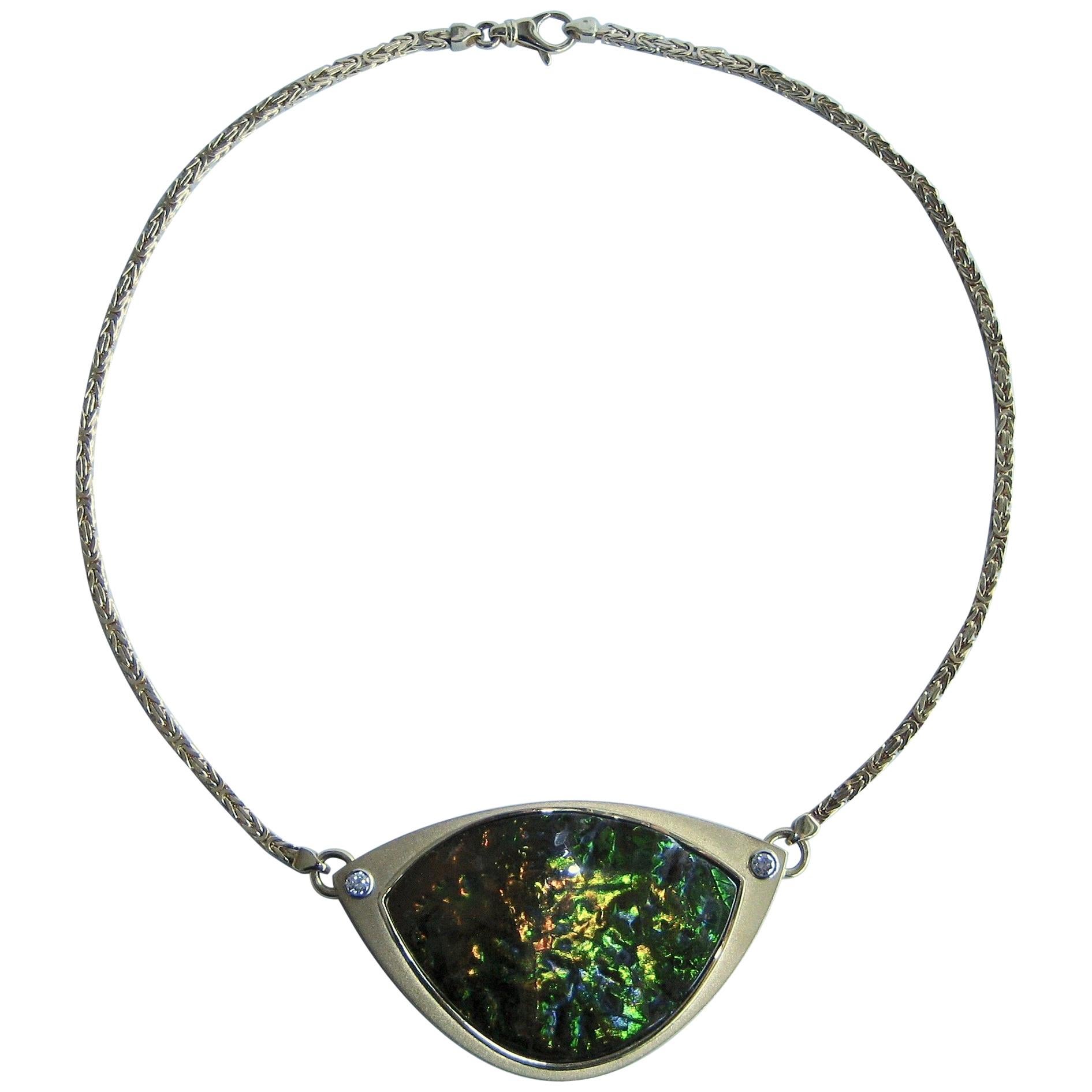Ammolite and Diamond 18 Karat Gold Heirloom Quality Designer Pendant Necklace