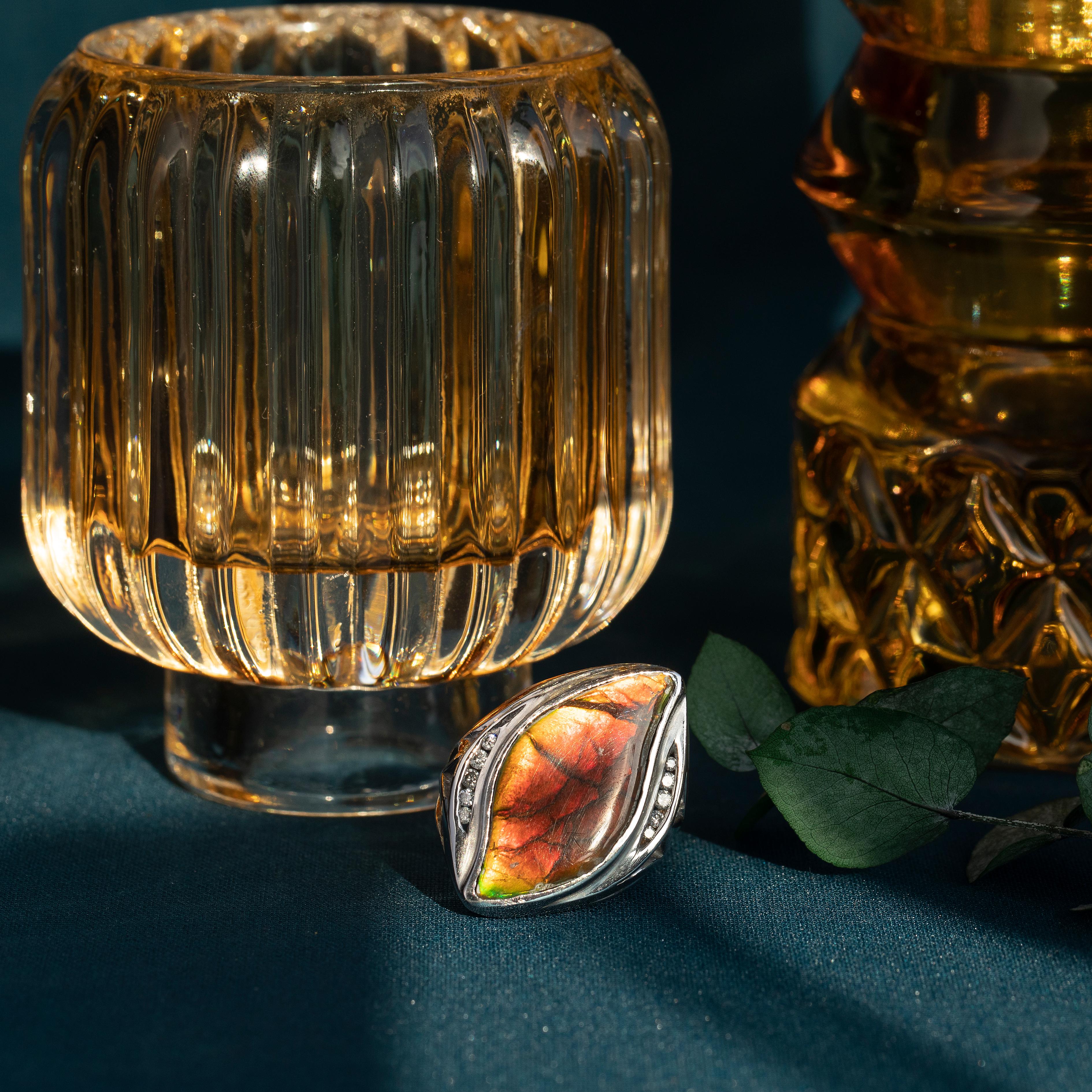 Taglio brillante Ammolite and Diamond Statement Ring, Rare Canandian Fossil Jewelry in vendita