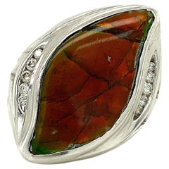 Bague en ammolite et diamant, Rare Canandian Fossil Jewelry