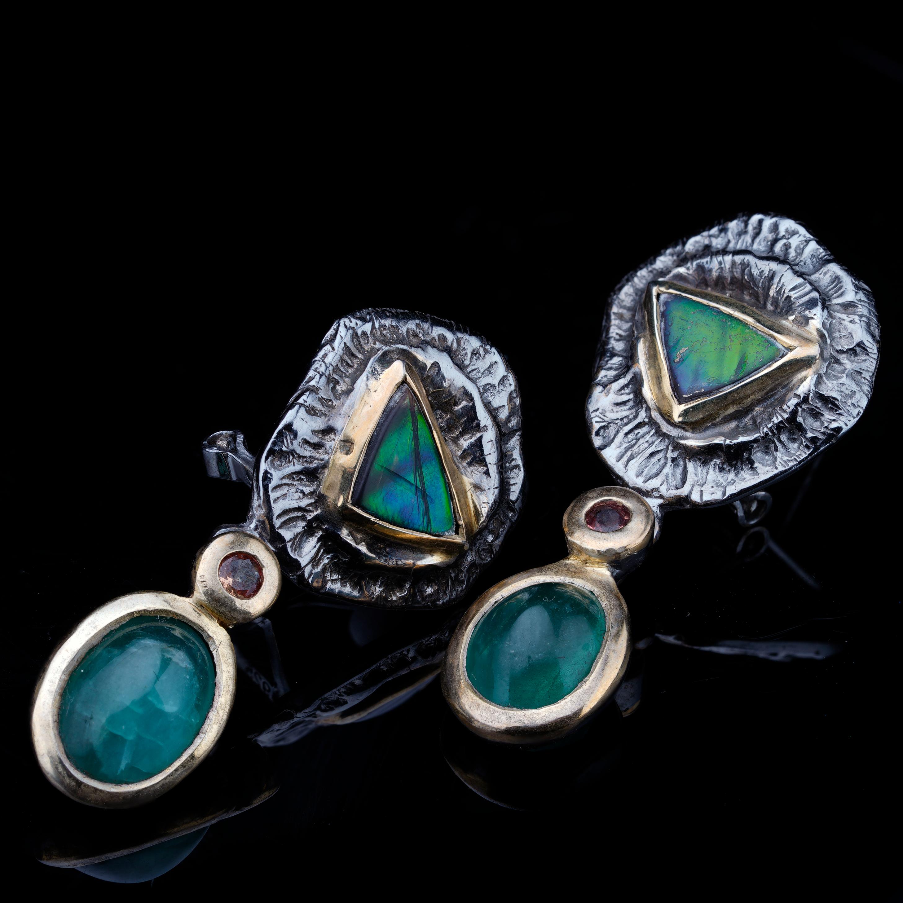Cabochon Ammolite, Chrome Tourmaline, and Pink Sapphire Drop Earrings For Sale