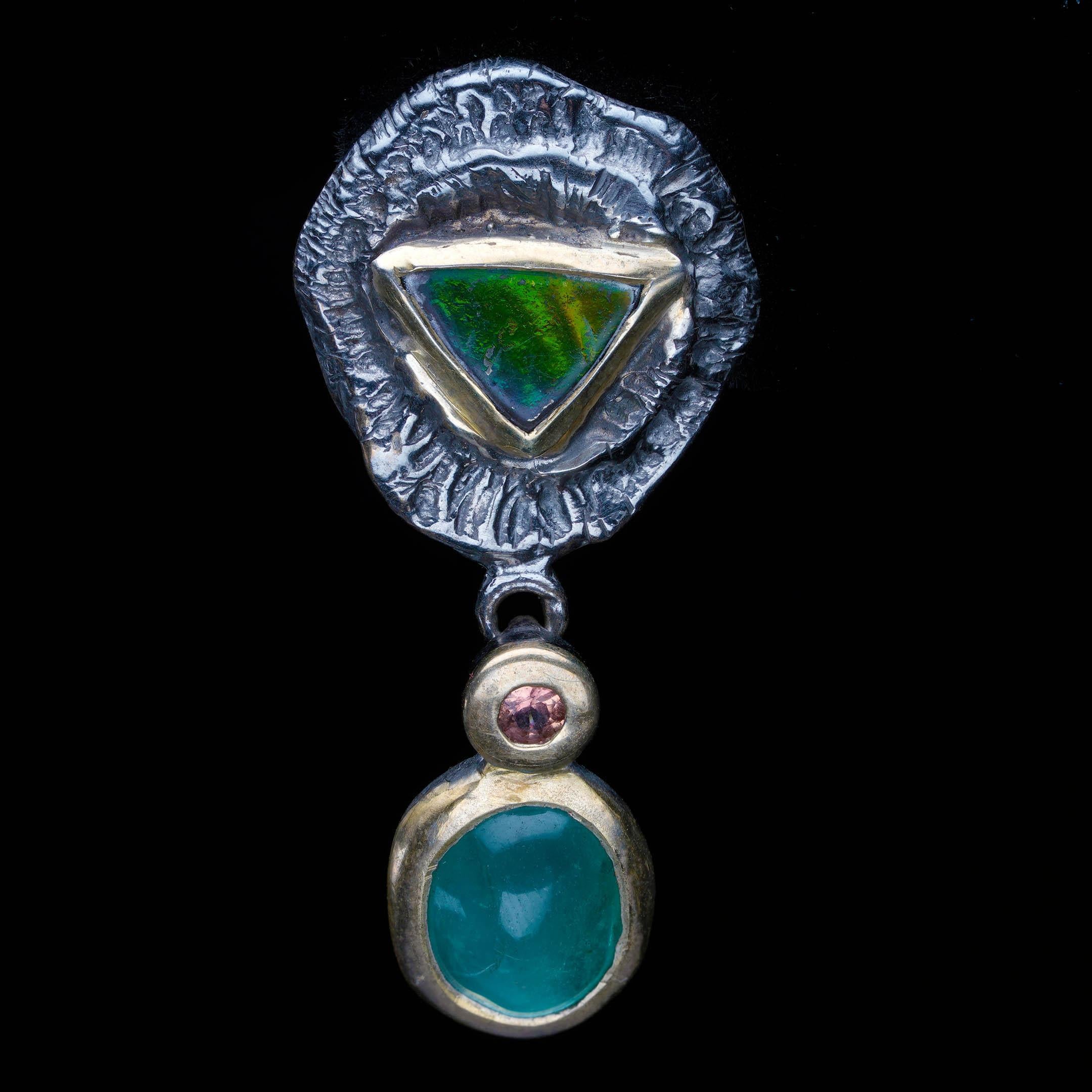 Ammolite, Chrome Tourmaline, and Pink Sapphire Drop Earrings In New Condition For Sale In New York, NY