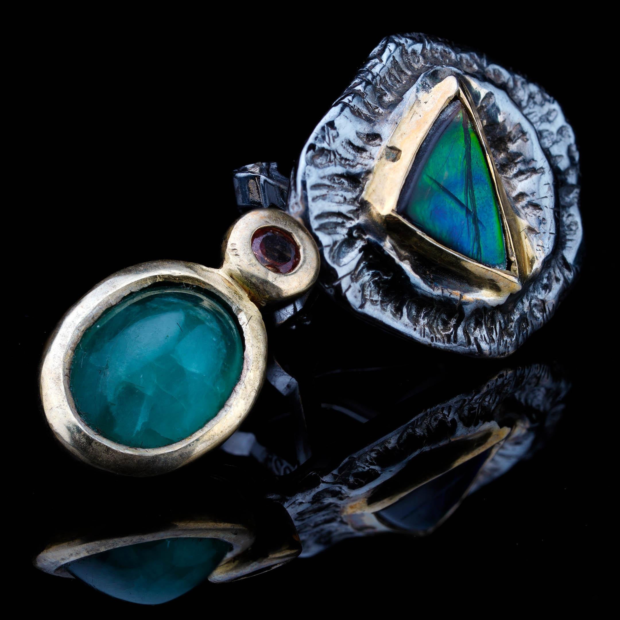 Women's Ammolite, Chrome Tourmaline, and Pink Sapphire Drop Earrings For Sale