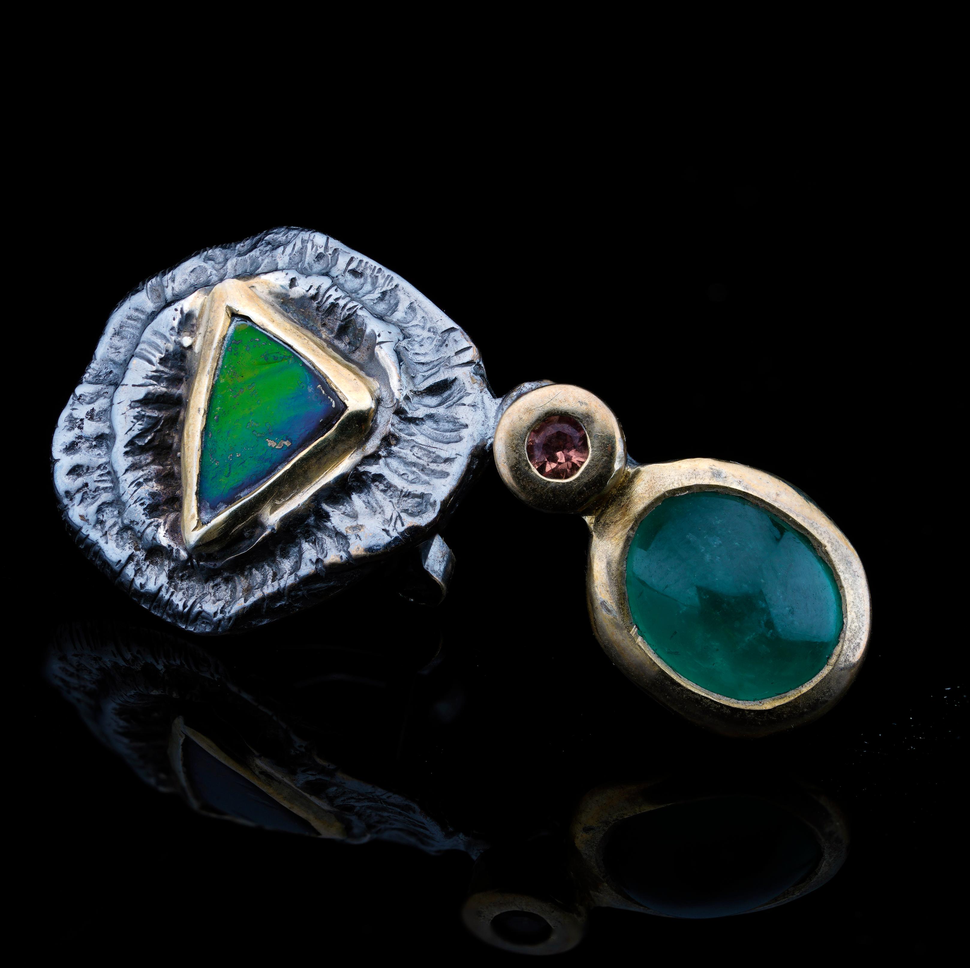 Ammolite, Chrome Tourmaline, and Pink Sapphire Drop Earrings For Sale 1