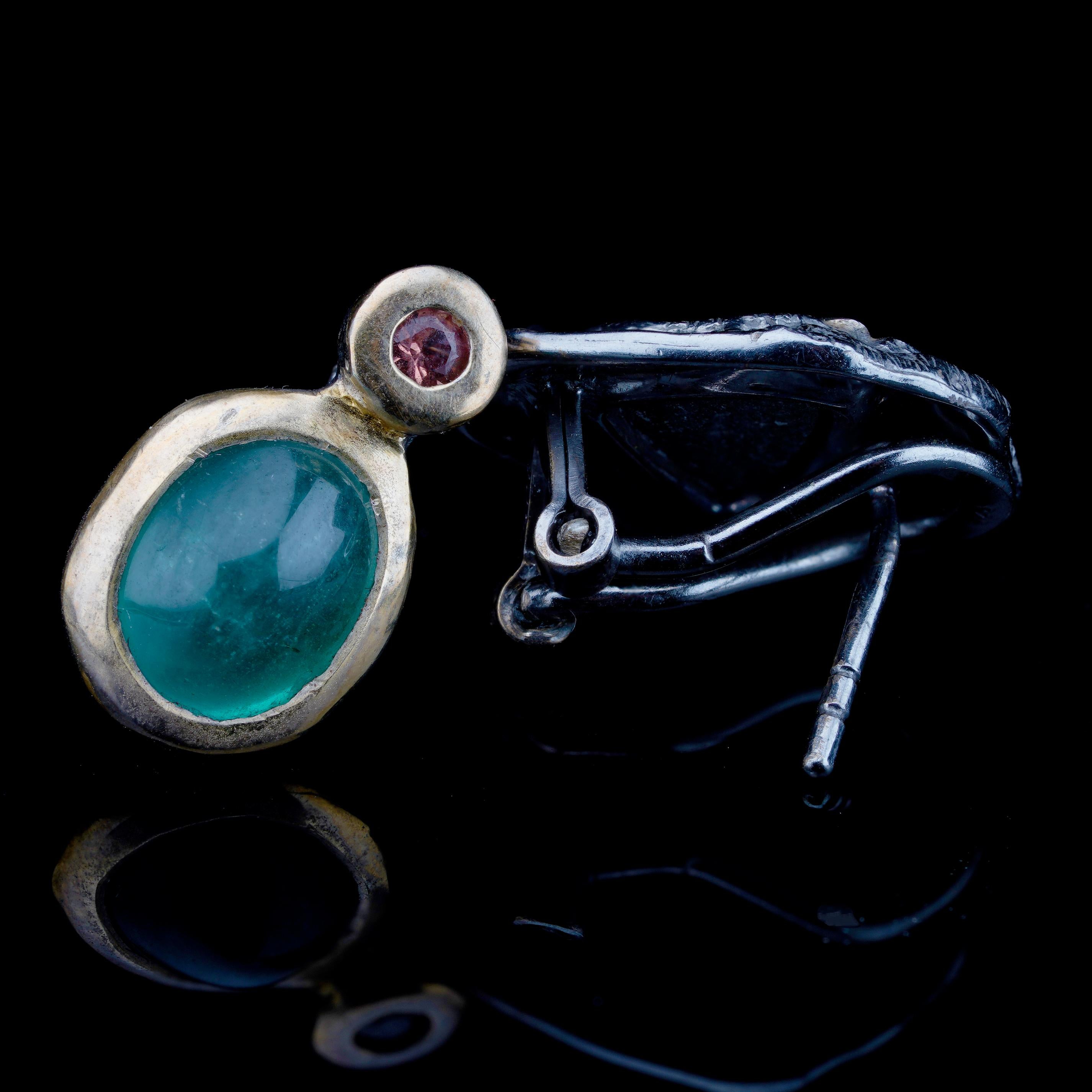 Ammolite, Chrome Tourmaline, and Pink Sapphire Drop Earrings For Sale 2
