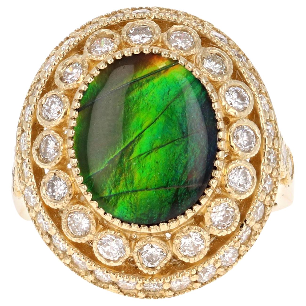 Ammolite Diamond 14 Karat Yellow Gold Ring For Sale