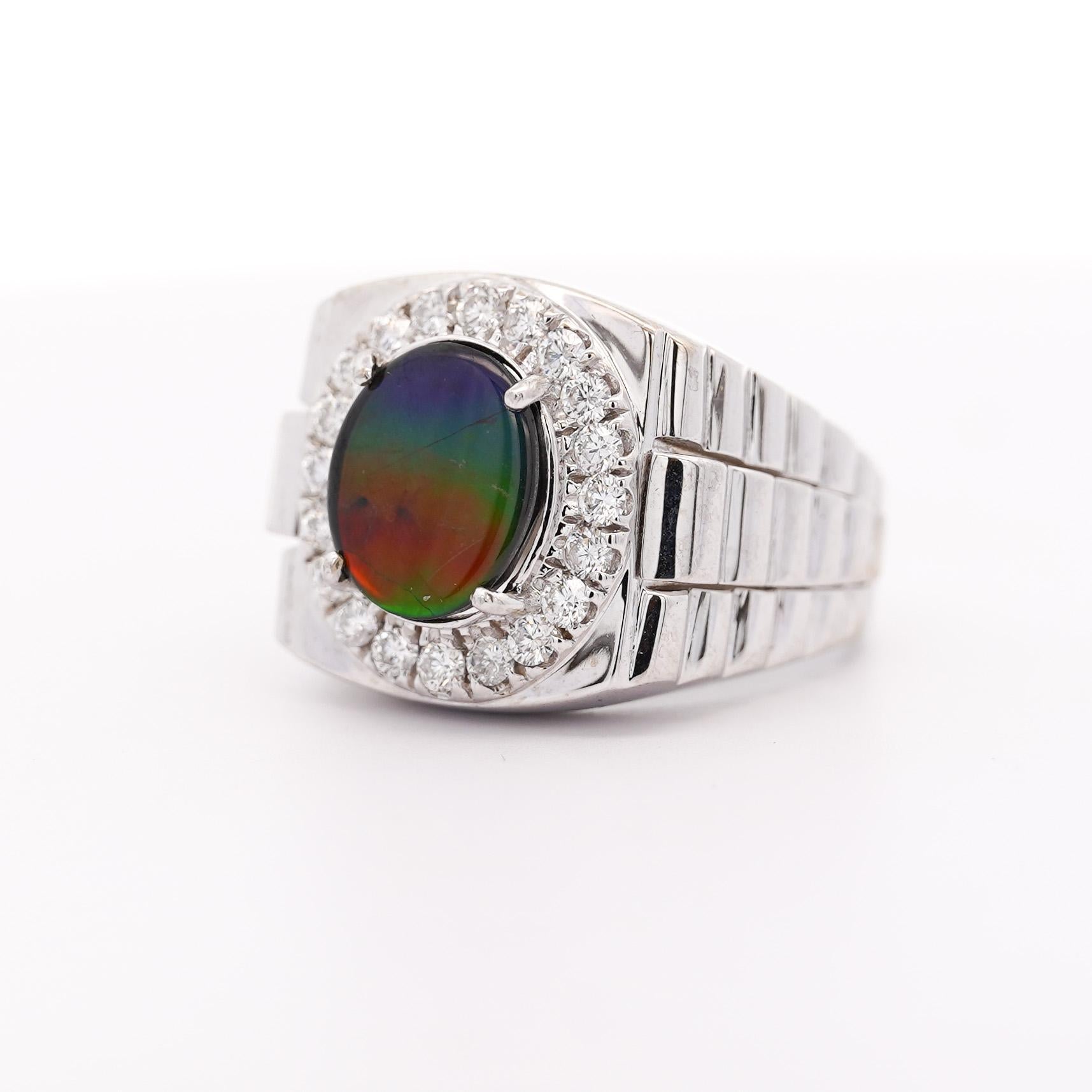 Modern Ammolite & Diamond Halo in 14K White Gold Men's Statement Ring For Sale