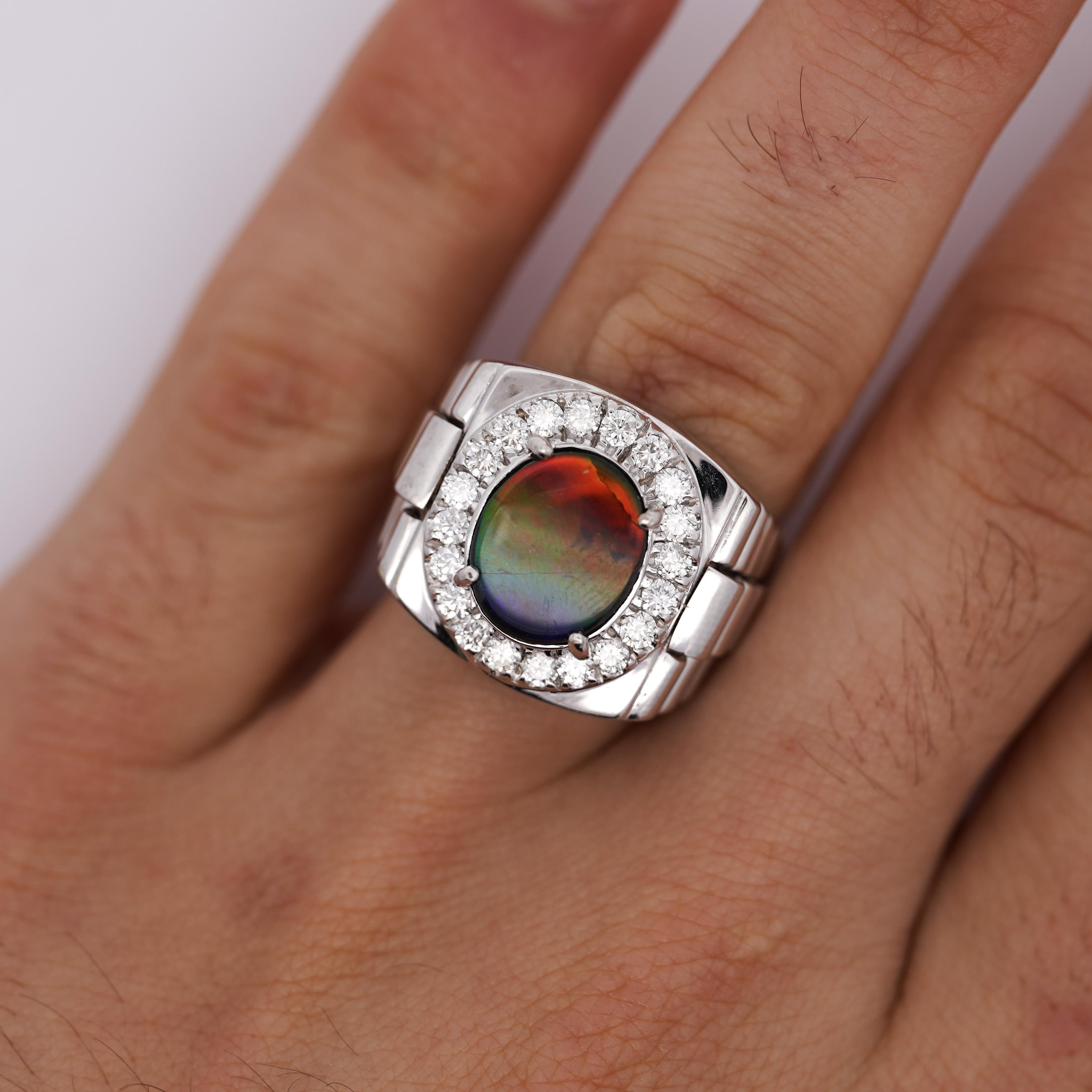 Round Cut Ammolite & Diamond Halo in 14K White Gold Men's Statement Ring For Sale
