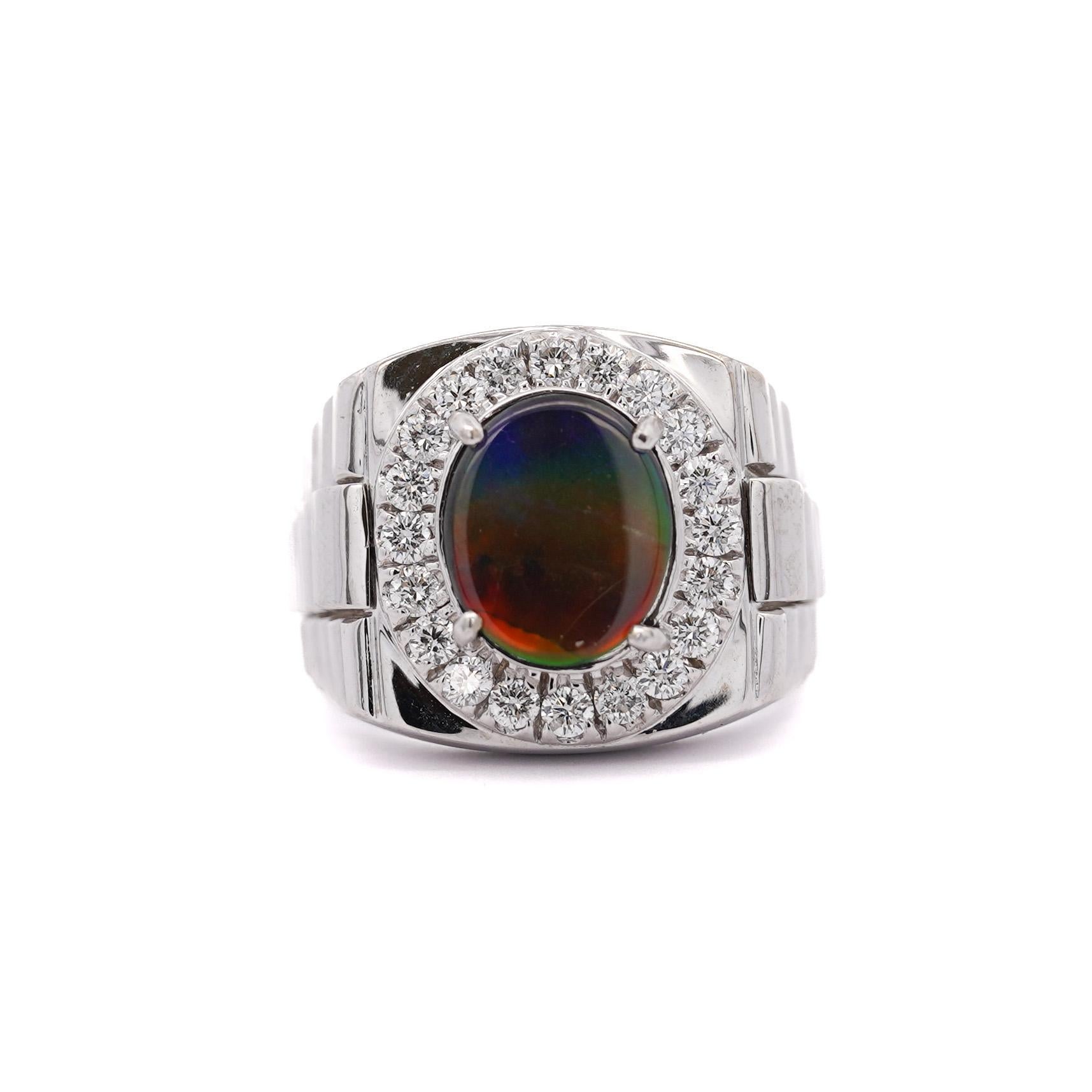 Ammolite & Diamond Halo in 14K White Gold Men's Statement Ring In New Condition For Sale In Miami, FL