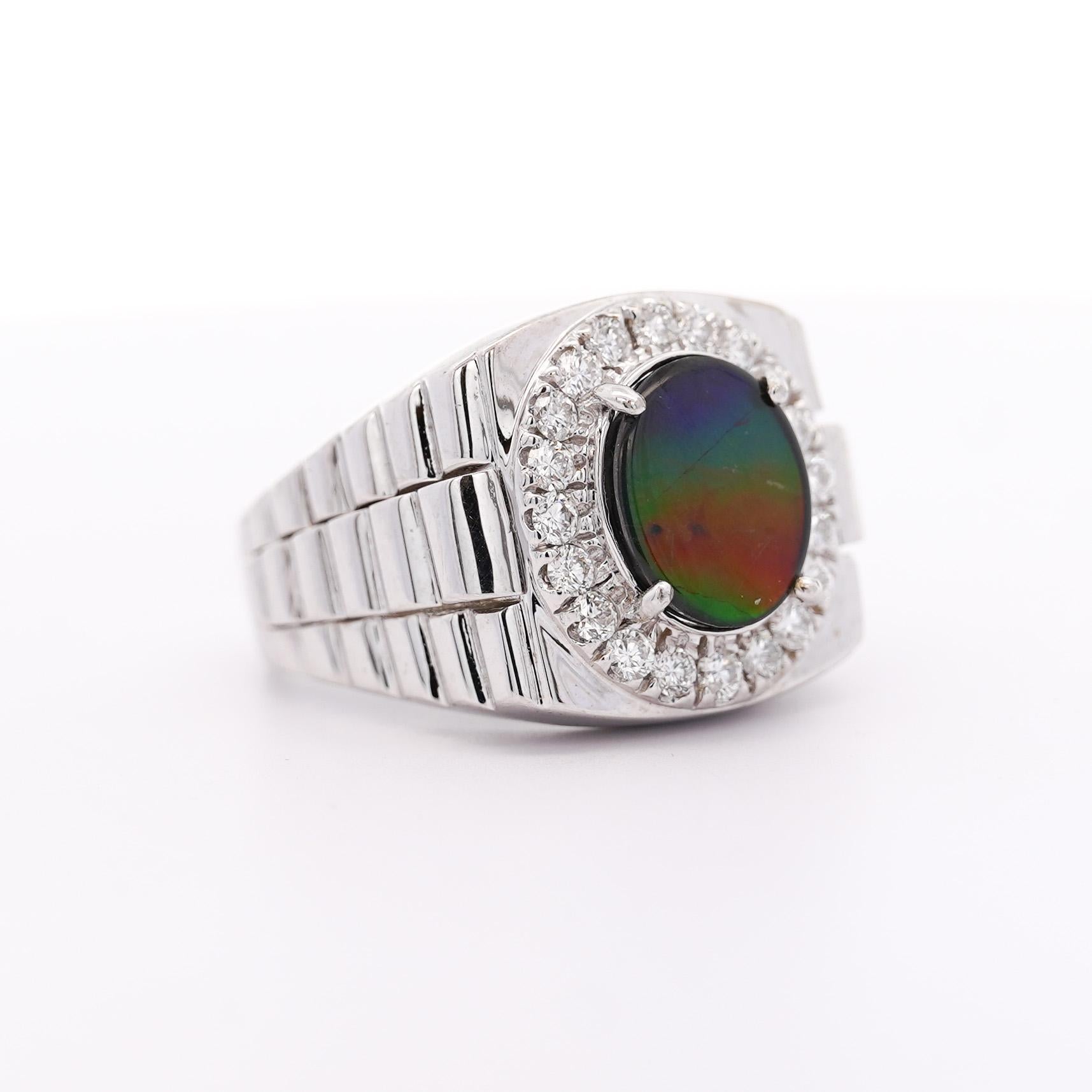 Ammolite & Diamond Halo in 14K White Gold Men's Statement Ring For Sale 2