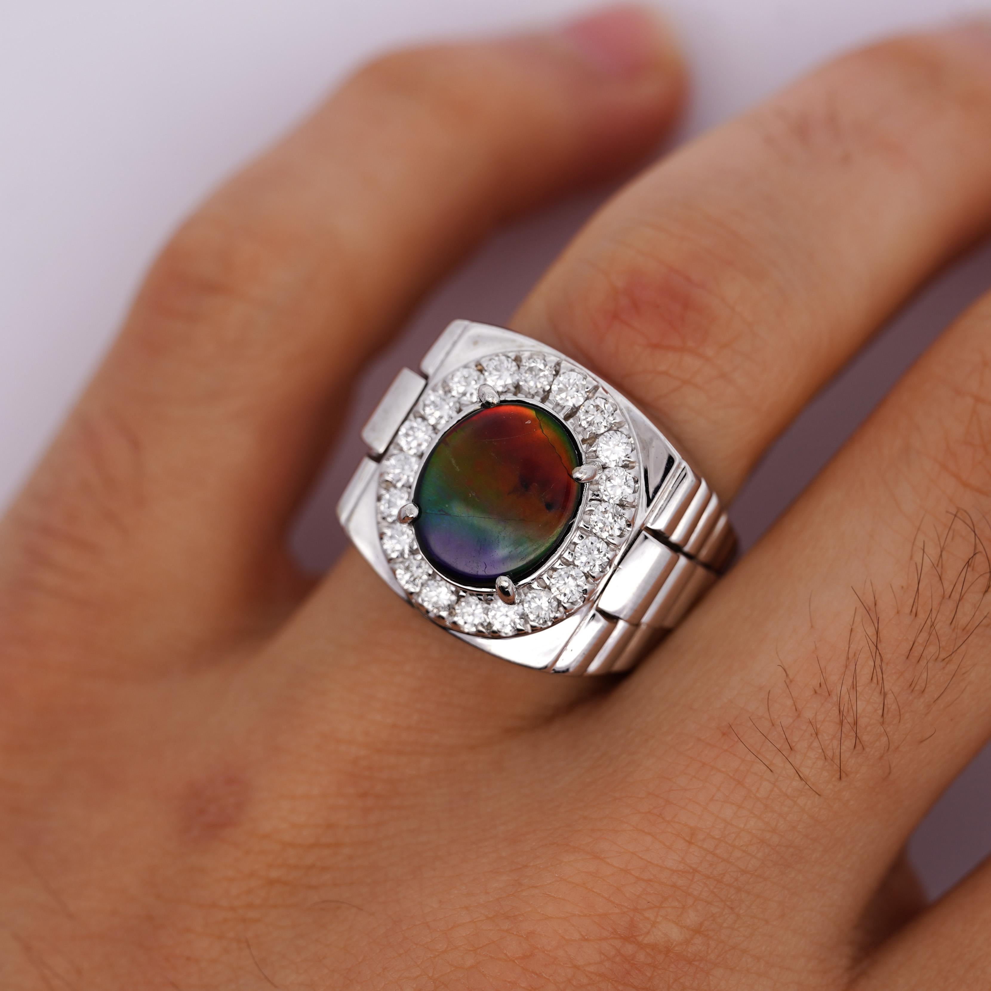 Ammolite & Diamond Halo in 14K White Gold Men's Statement Ring For Sale 3