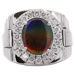 Ammolite & Diamond Halo in 14K White Gold Men's Statement Ring