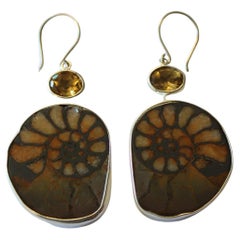 Ammonite and Citrine Sterling Silver Earrings. 