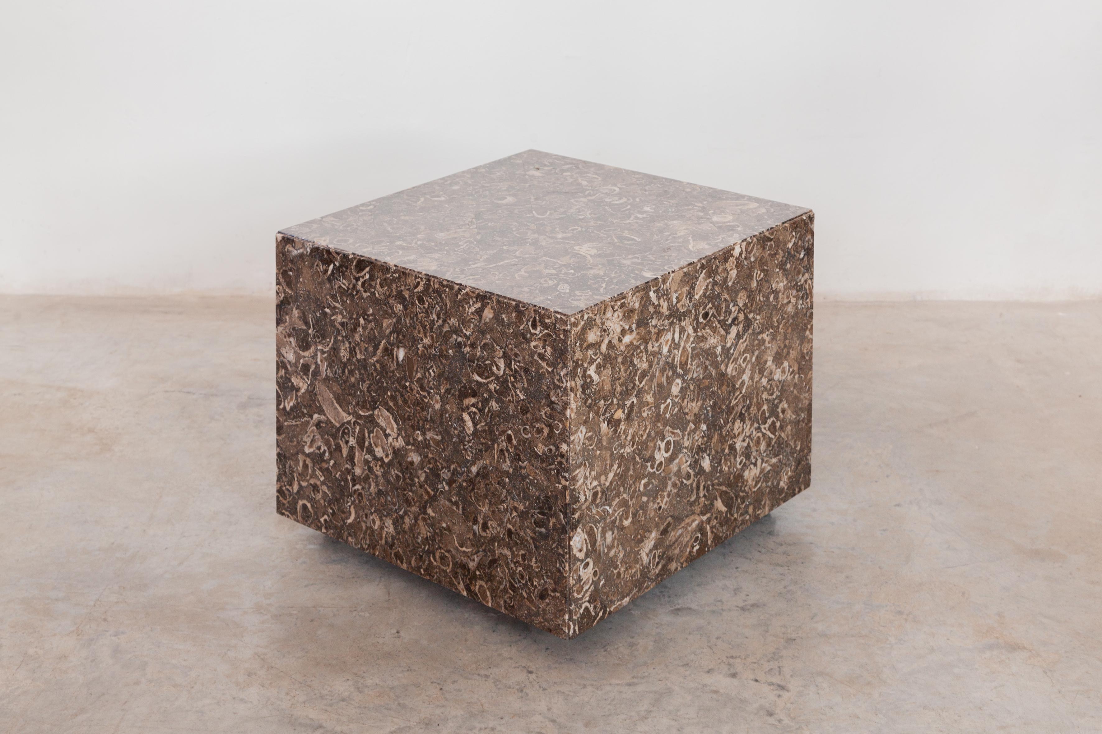 Beautiful brown organic stone marble in cube design coffee table, 1970s made in Italy, designer unknown. Easy to use by moving by the wheels at the base, the four sides are equally fascinating in color nuance brown to white in Ammonite