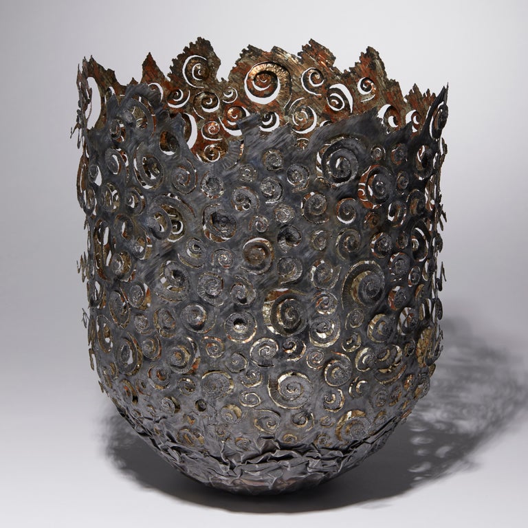 Organic Modern Ammonite Vessel, a Unique Steel & Moon Gold Sculptural Vessel by Claire Malet For Sale