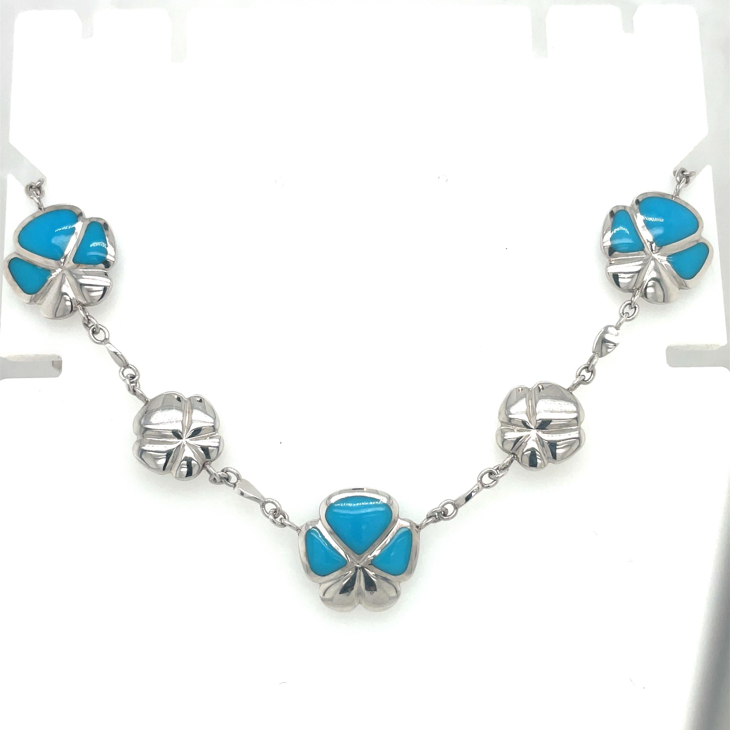 Contemporary Amnbrosi 18KT White Gold & Turquoise Viola Flower Necklace For Sale