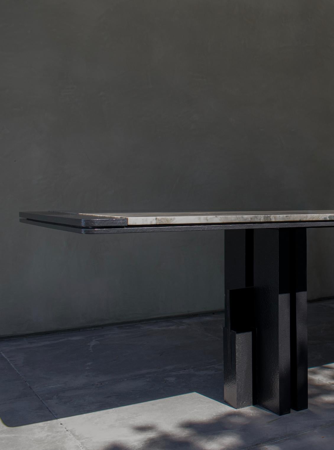 Anodized Aluminum, Obsidian, and Marble Amnis Dining Table by Deceres Studio For Sale
