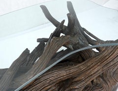 Amoeba Glass Top Organic Drift Wood Base Coffee Center Table MINT!