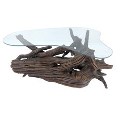 Vintage Amoeba Glass Top Organic Drift Wood Base Coffee Center Table MINT!