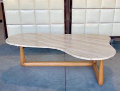 Amoeba Travertine & Walnut Cocktail Table Style of Widdicomb