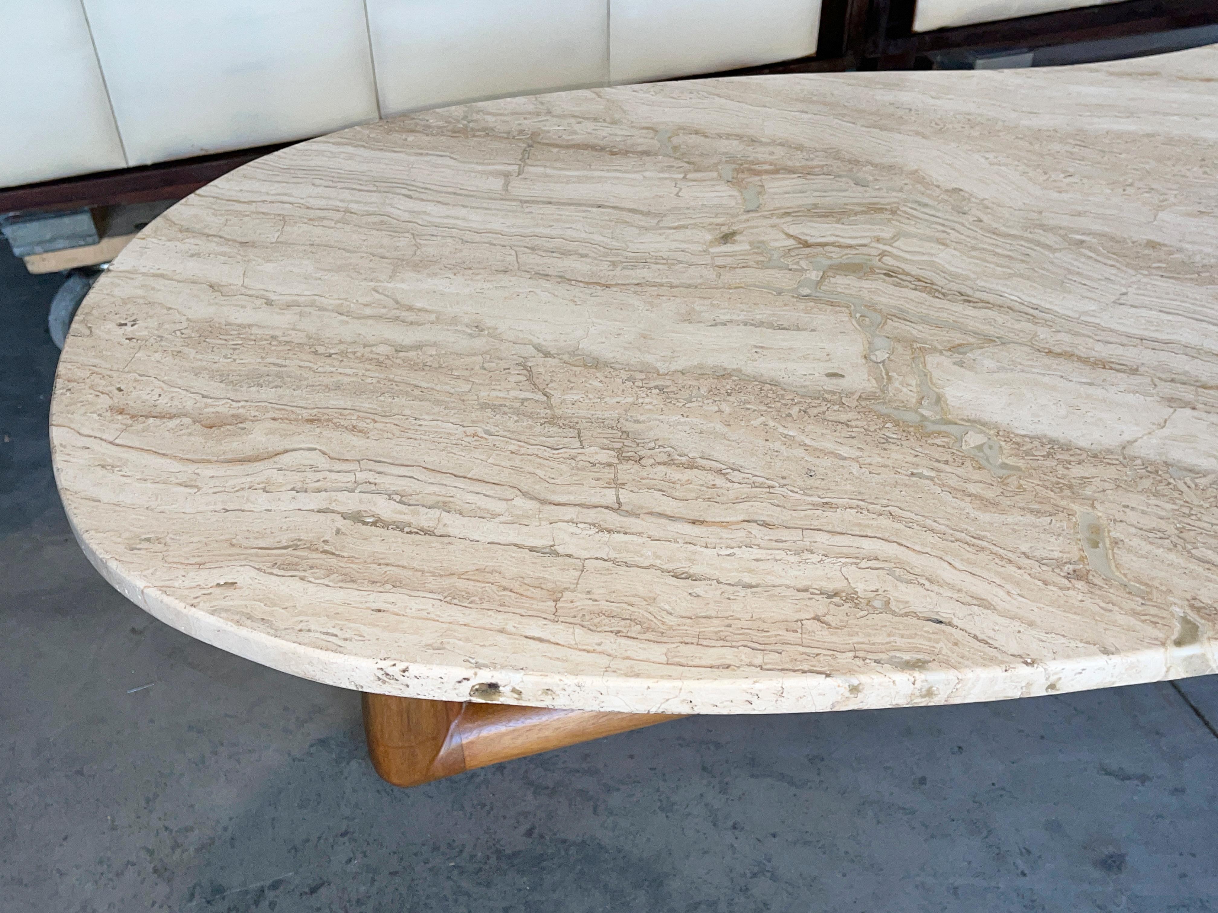 Amoeba Travertine & Walnut Cocktail Table Style of Widdicomb In Good Condition For Sale In Hanover, MA