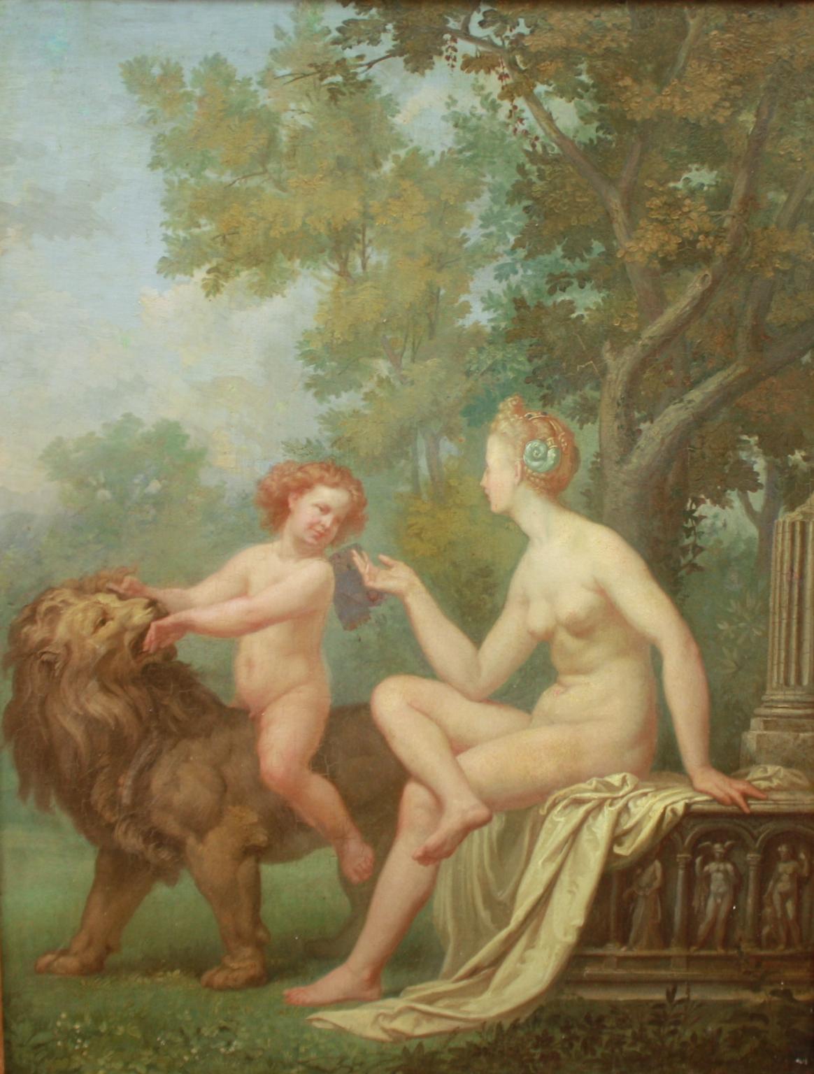 Oil painting on panel depicting a winged cupid riding a lion and gazing at Venus sitting at the right. Cupid having subdued the lion symbolises the triumph of love: Amor Vincit Omnia. The naked Venus is sitting on an ancient relief fragment and