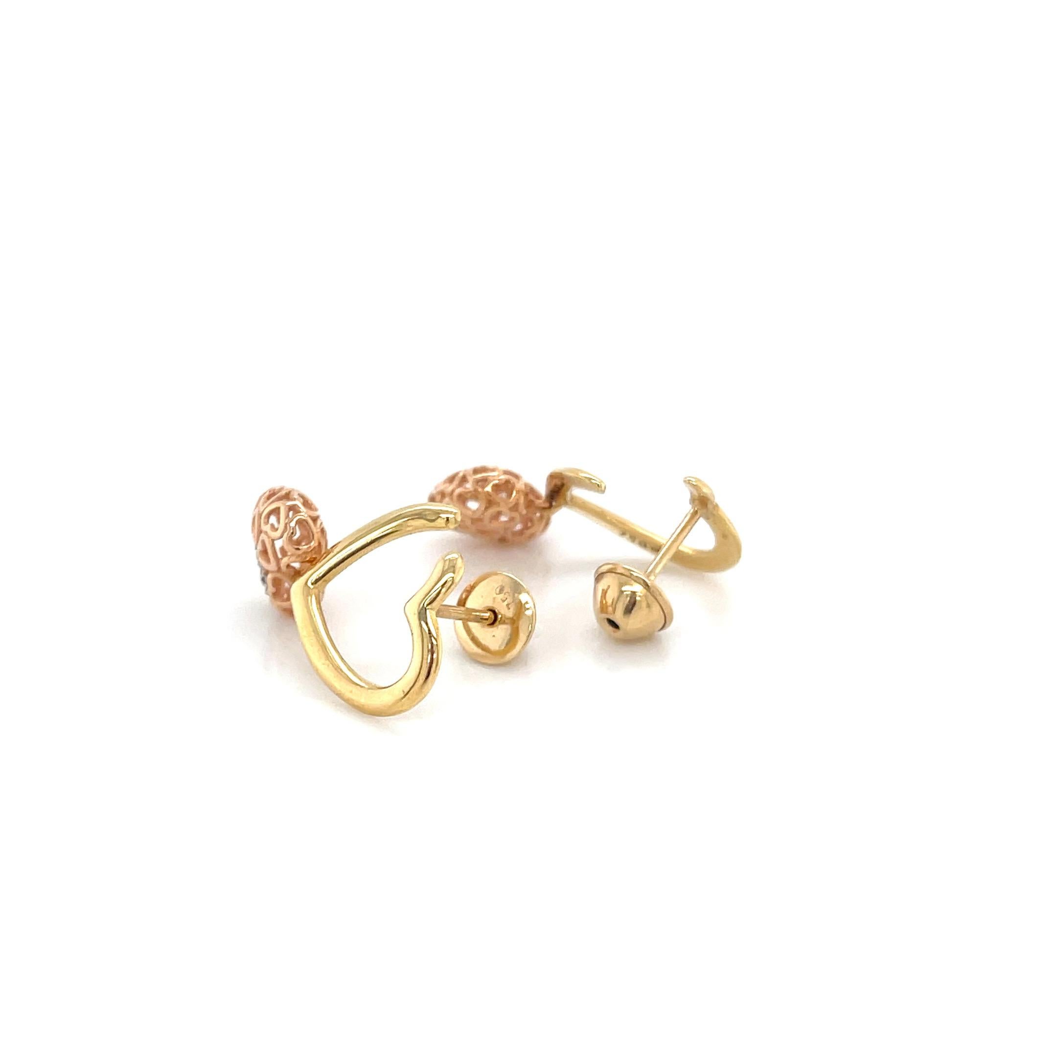 Round Cut Amore 18K Rose Gold Diamond-Studded Heart Charm Drop Earrings For Sale