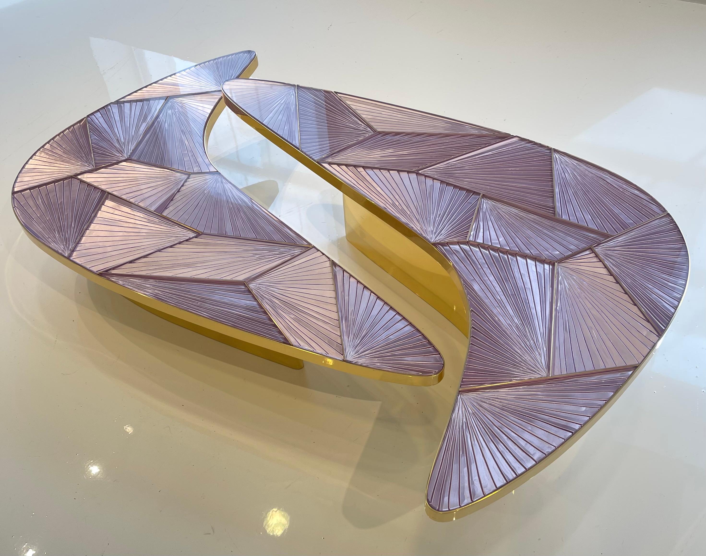Hand-Crafted 'Amore' Set of two Hand-engraved Pink Glass Coffee Tables by Ghiró Studio For Sale