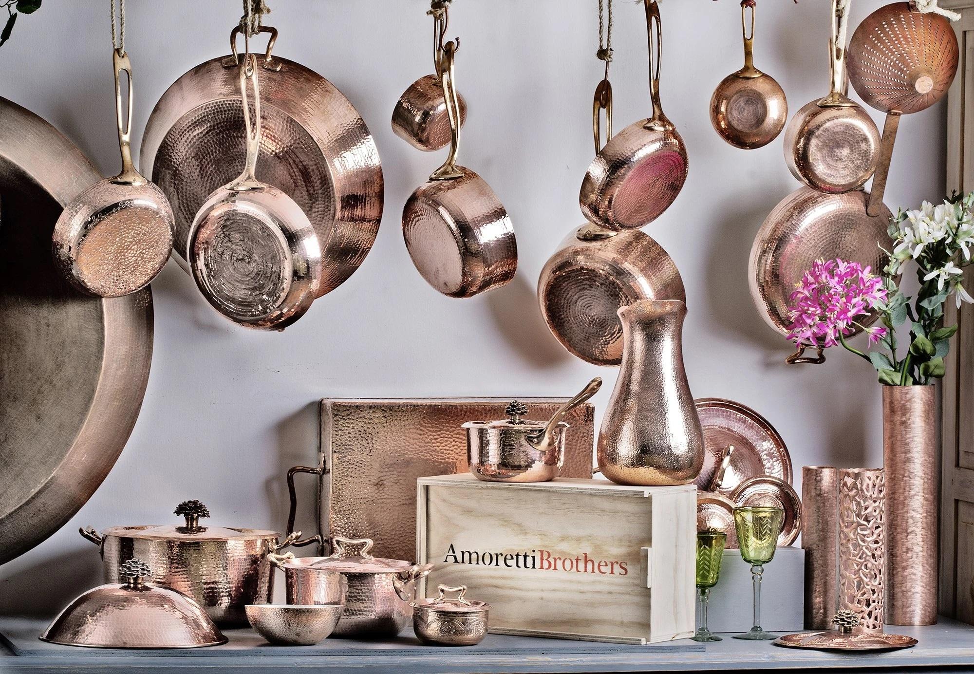 Hammered Amoretti Brothers Copper Cookware Set of 11, Standard For Sale