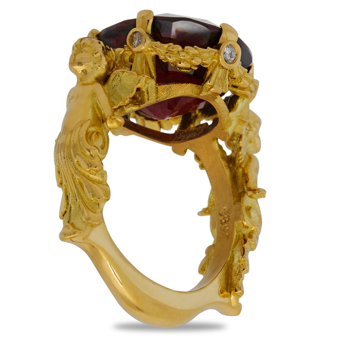 Women's or Men's Amorini Ring in 18 Karat Yellow Gold with Garnet and White Diamonds