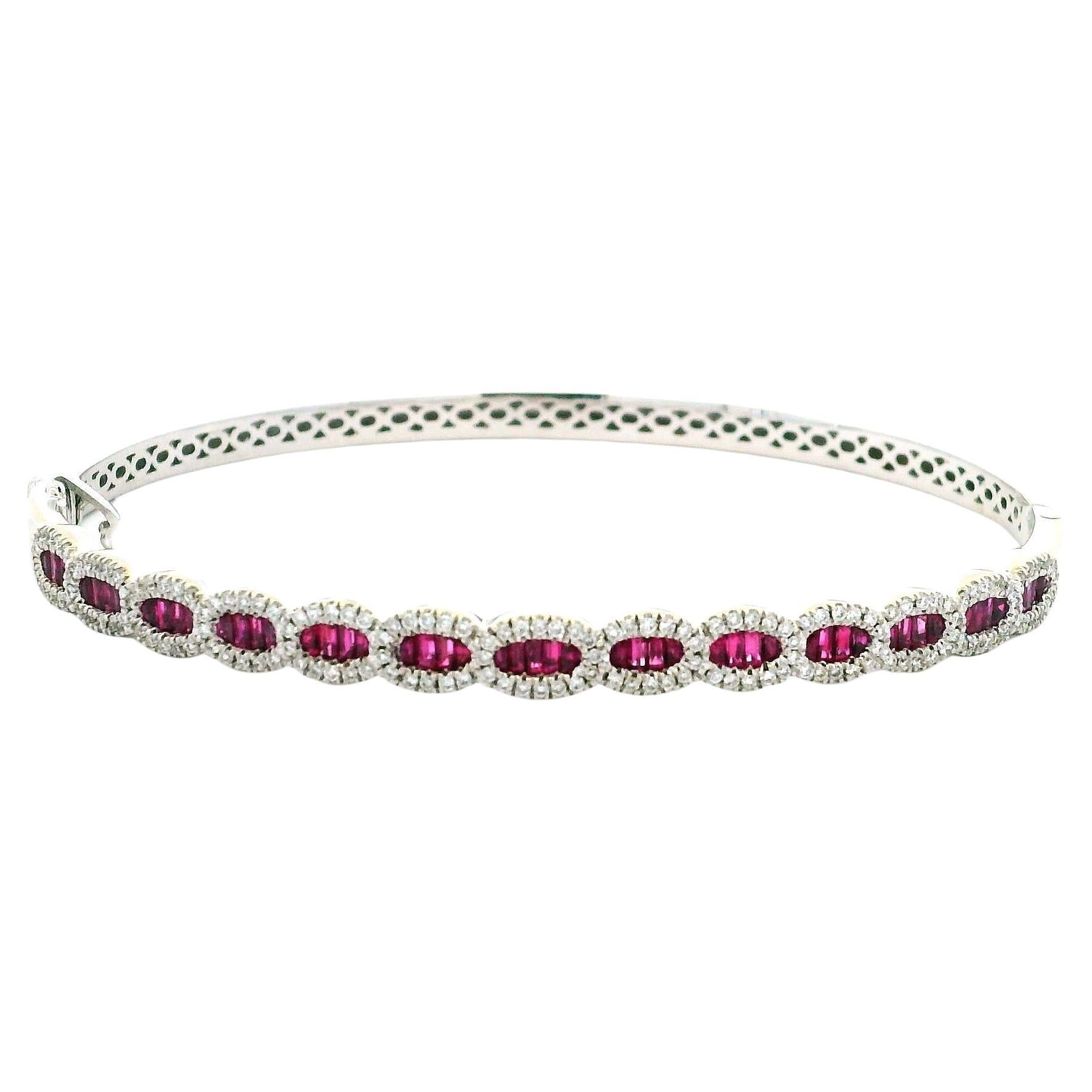 Amoro 14K White Gold Ruby and Diamond Halo Bangle Bracelet, 3.0 Carat Total in vendita
