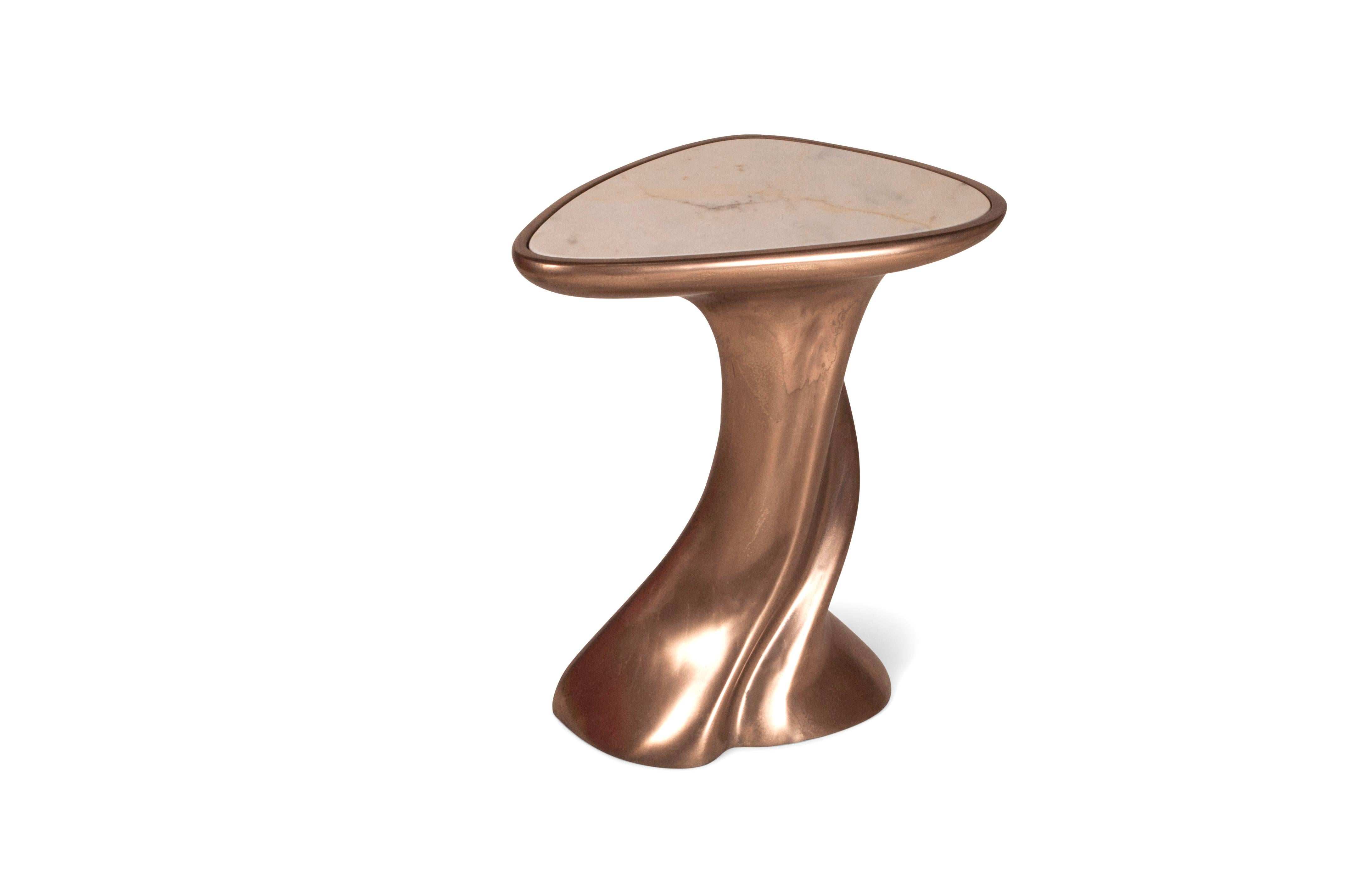 Abbi side table in bronze finish with white marble top. The dimensions are 15
