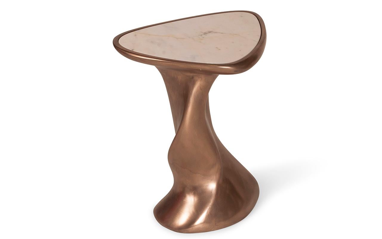 Carved Amorph Abbi Side Table Bronze Finish with White Marble Top