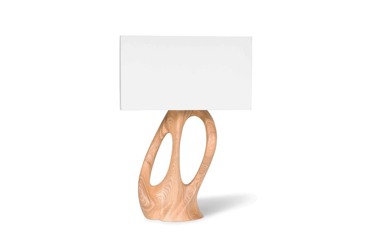 Carved Amorph Ana Table lamp Honey stain on Ash wood with Ivory silk shade For Sale