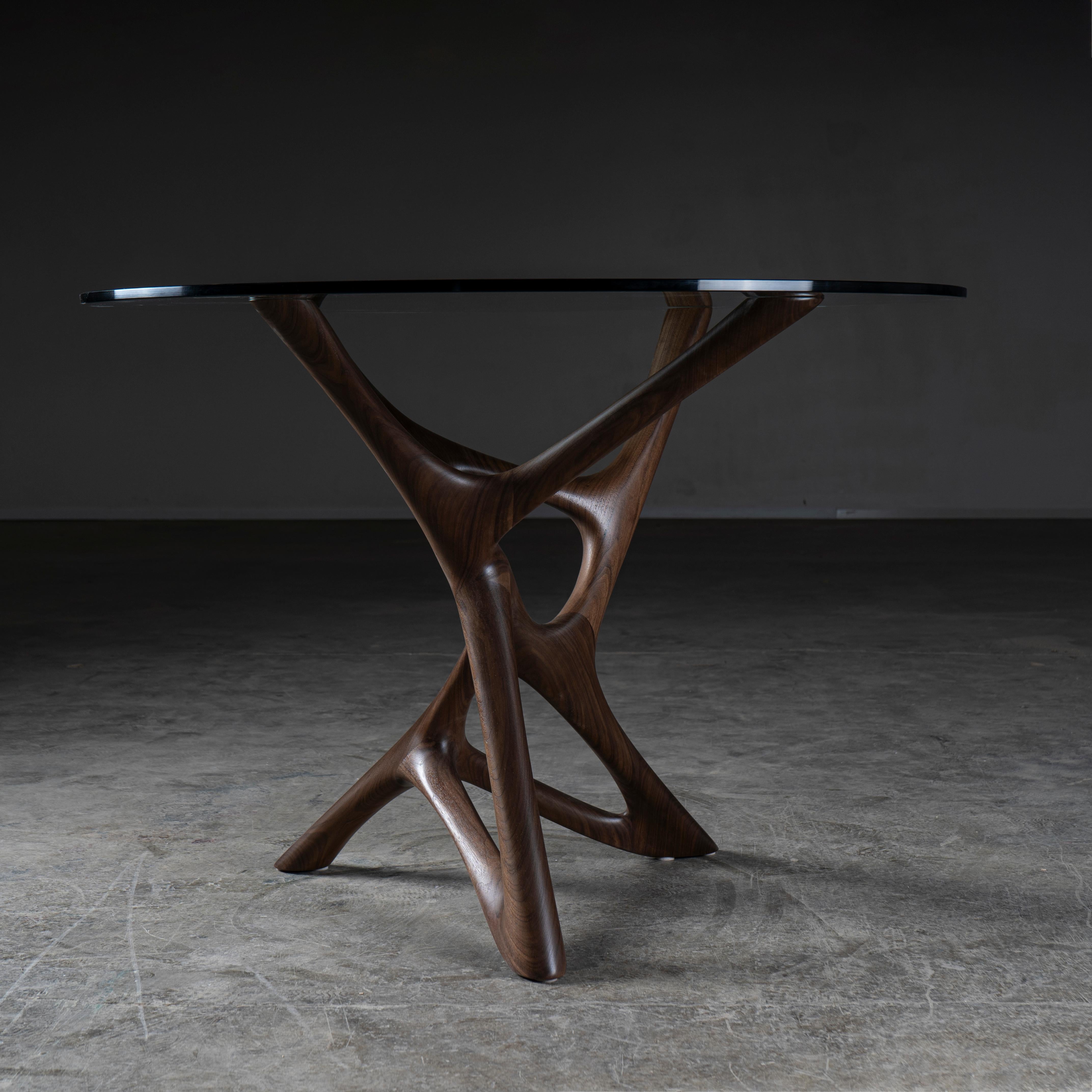 Carved Ava Center Table, Natural stain on Walnut with Glass Top by Amorph For Sale