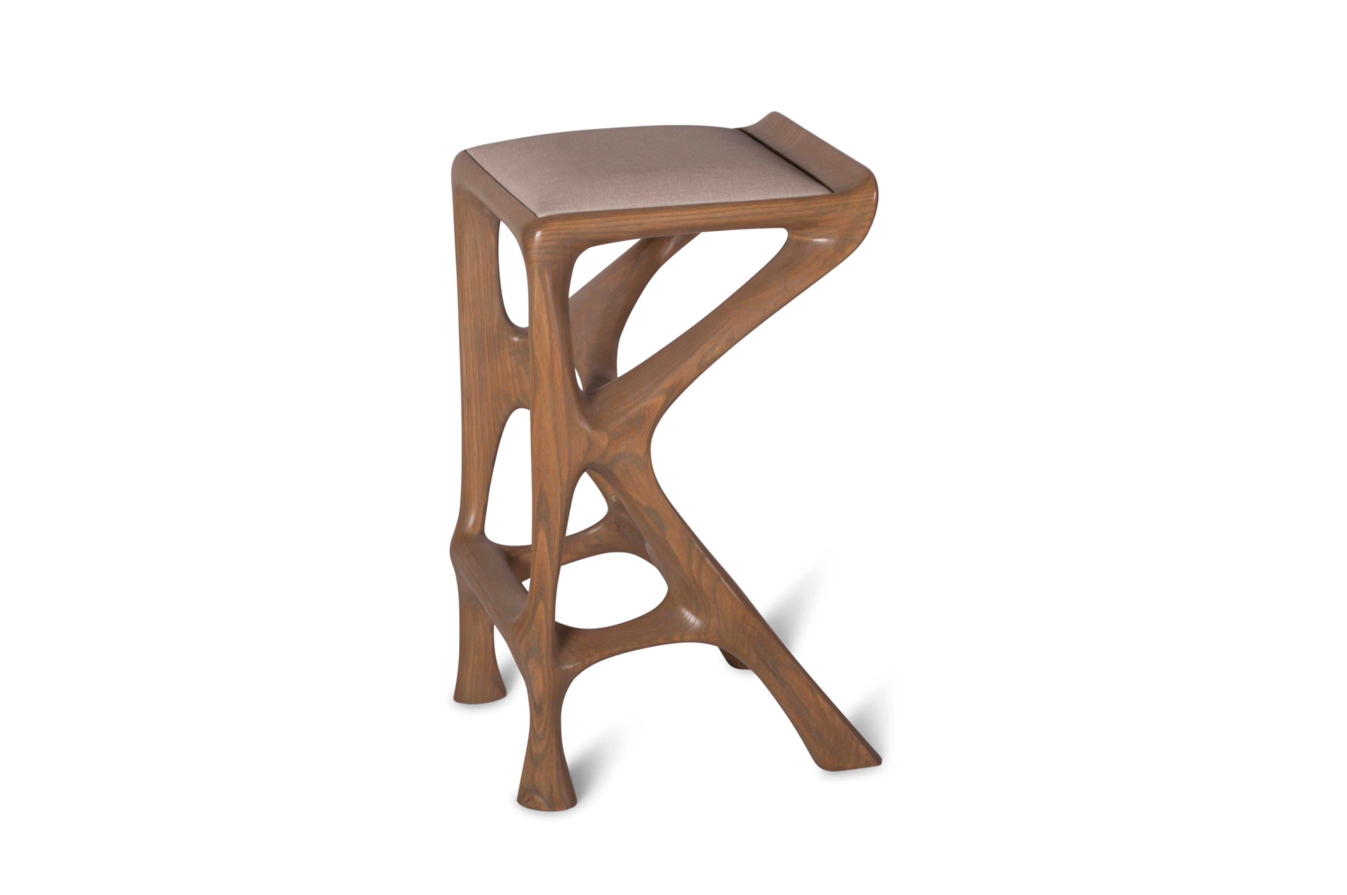 Organic Modern Amorph Chimera Contemporary Bar Stool, Stained Antique Oak with Upholstery For Sale