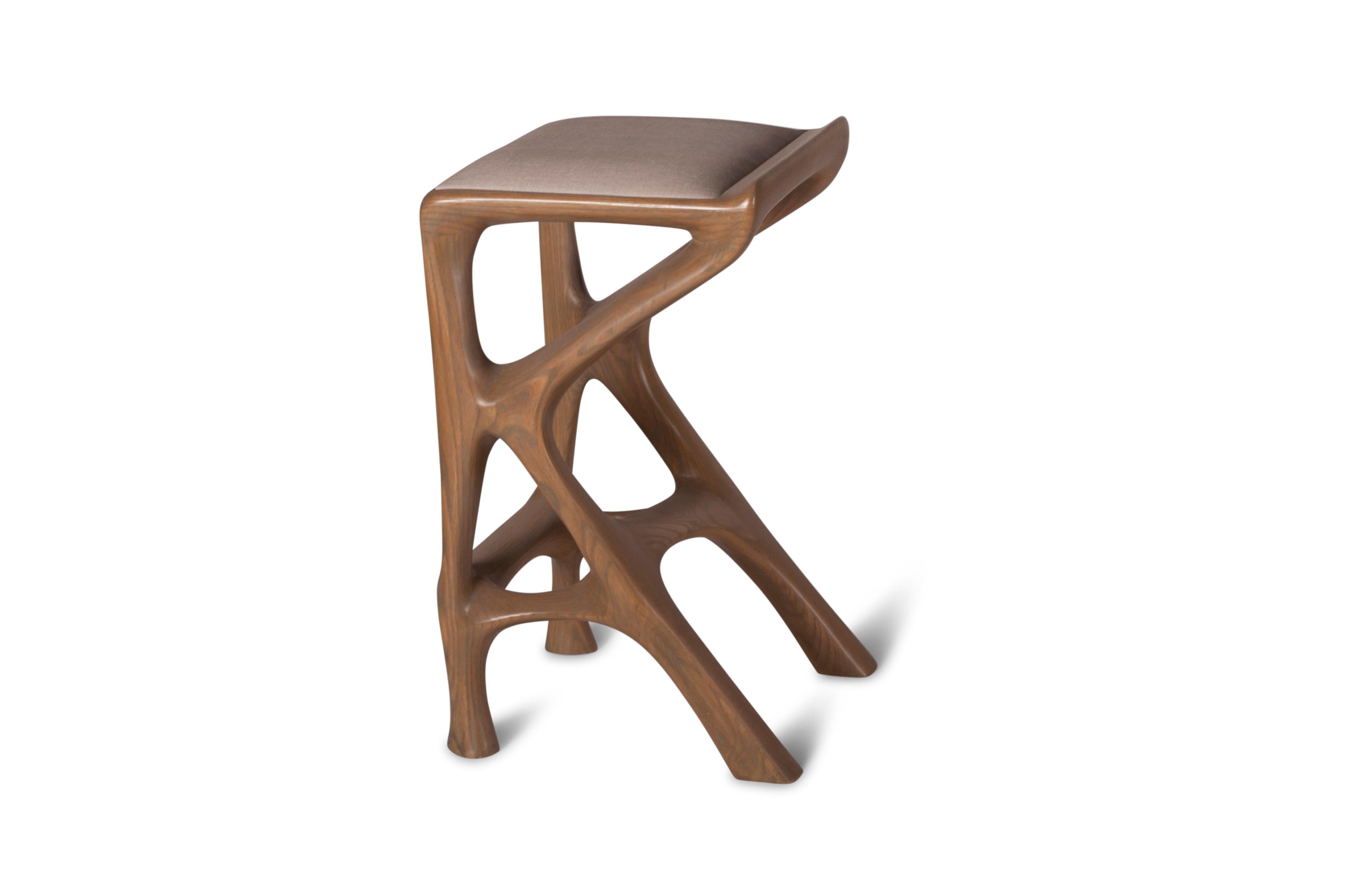 American Amorph Chimera Contemporary Bar Stool, Stained Antique Oak with Upholstery For Sale