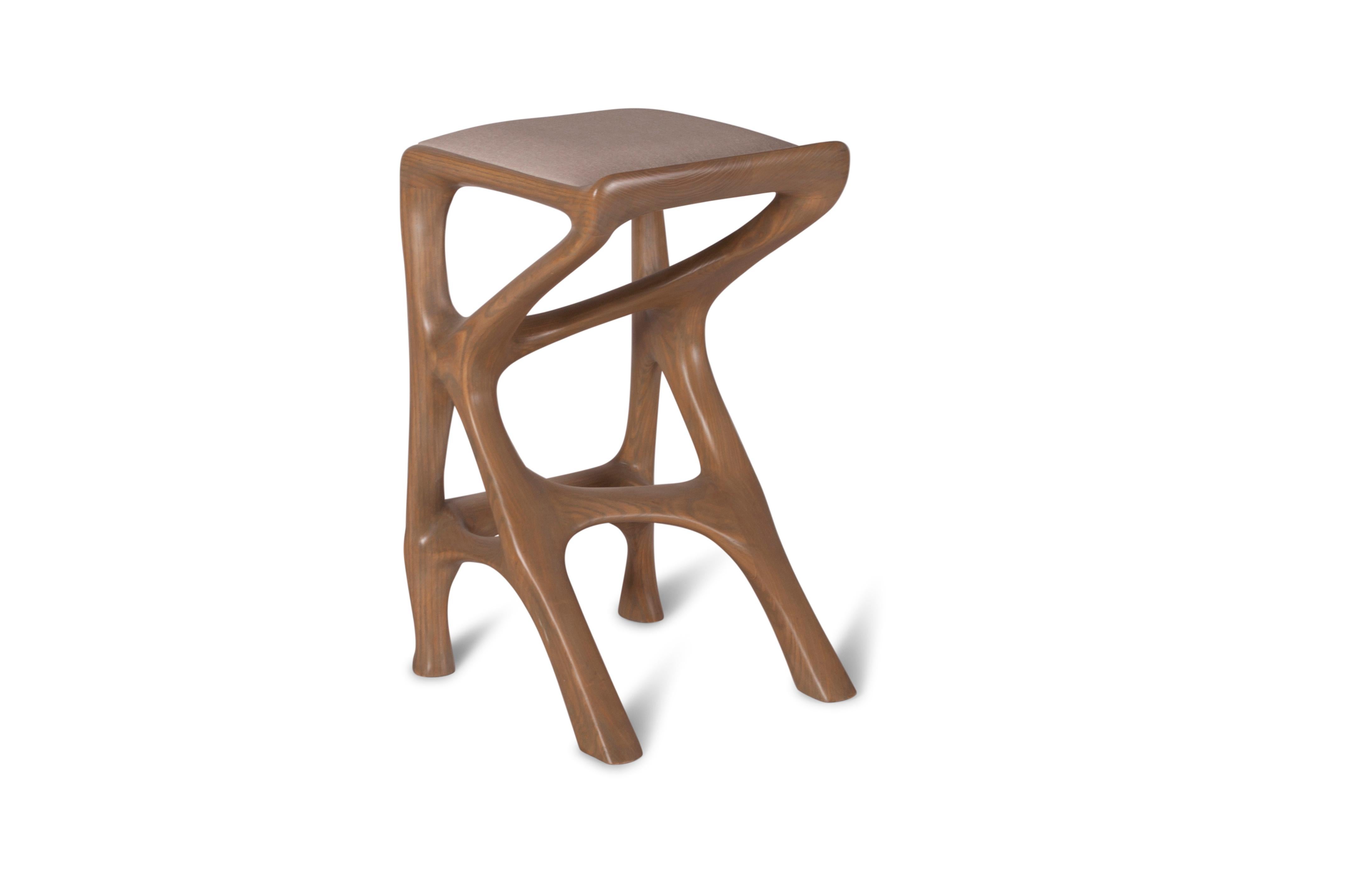 Carved Amorph Chimera Contemporary Bar Stool, Stained Antique Oak with Upholstery For Sale