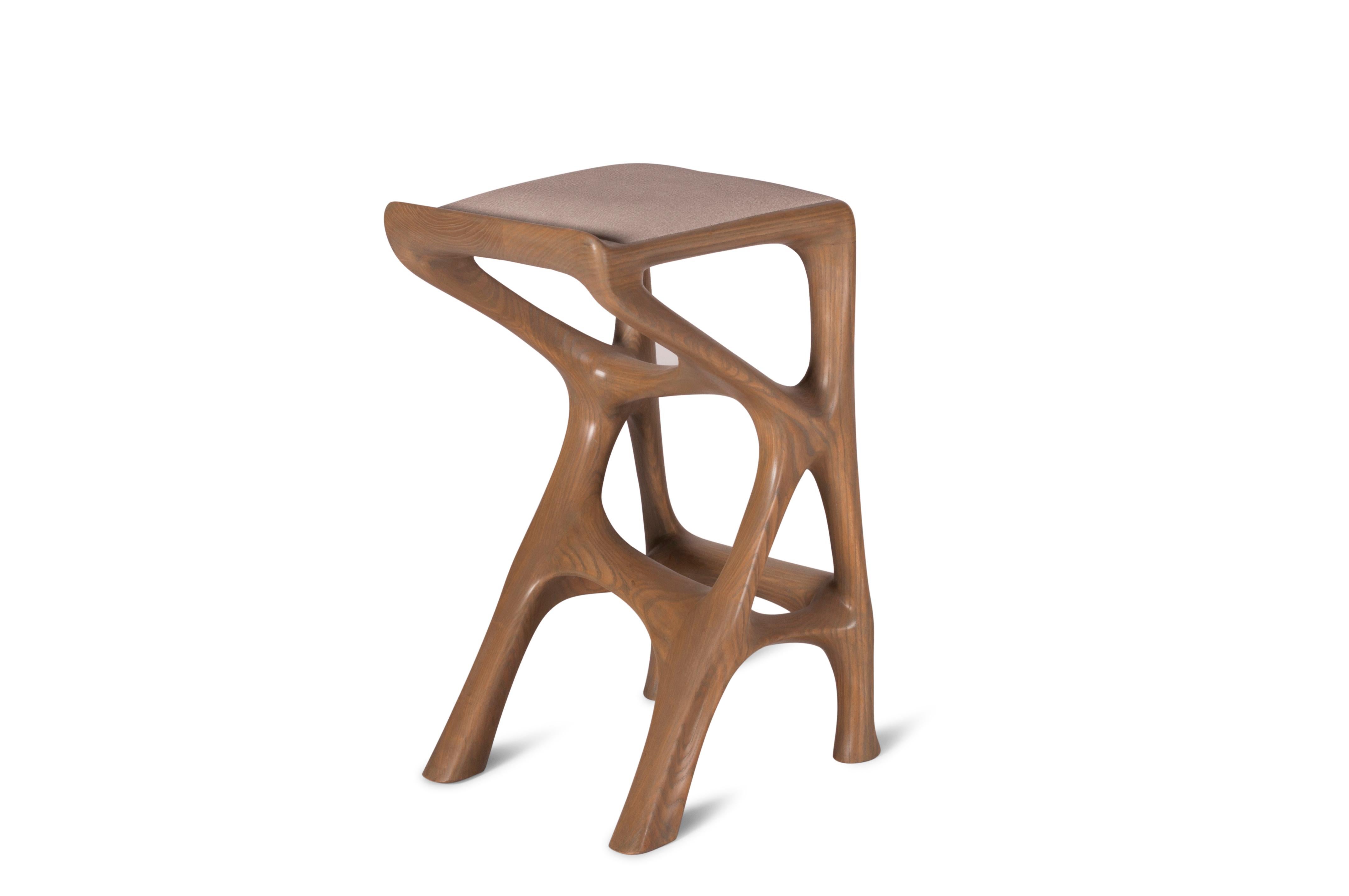 Amorph Chimera Contemporary Bar Stool, Stained Antique Oak with Upholstery In New Condition For Sale In Los Angeles, CA