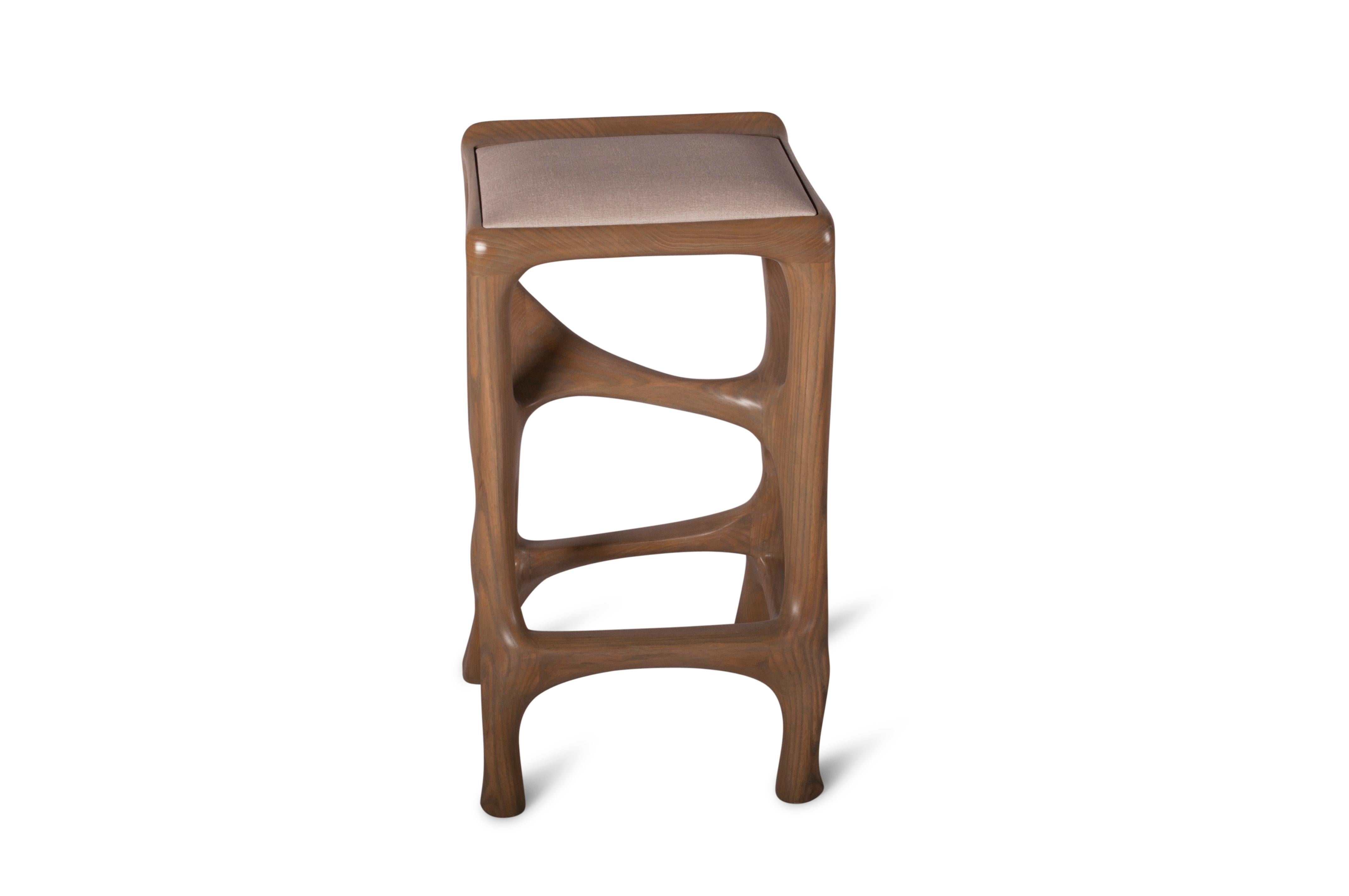 Fabric Amorph Chimera Contemporary Bar Stool, Stained Antique Oak with Upholstery For Sale