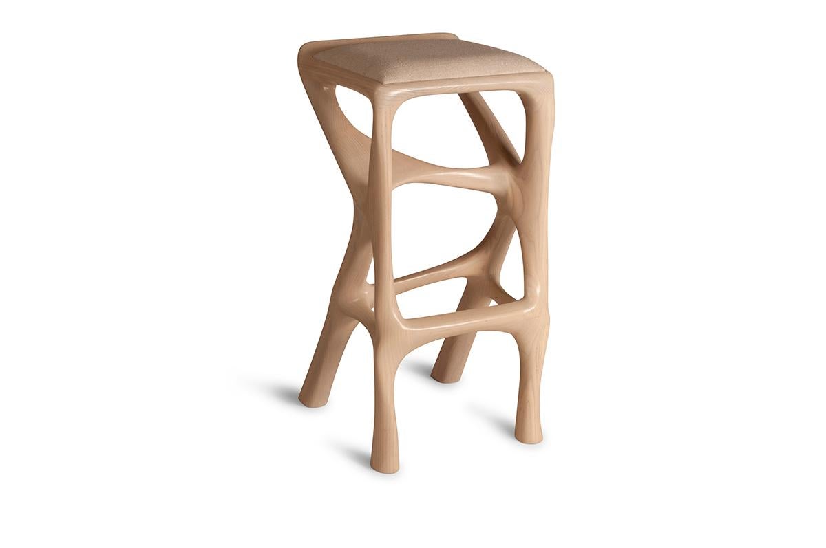 Organic Modern Amorph Chimera Bar Stool Asian Sand stain on Ash wood with Upholstery For Sale