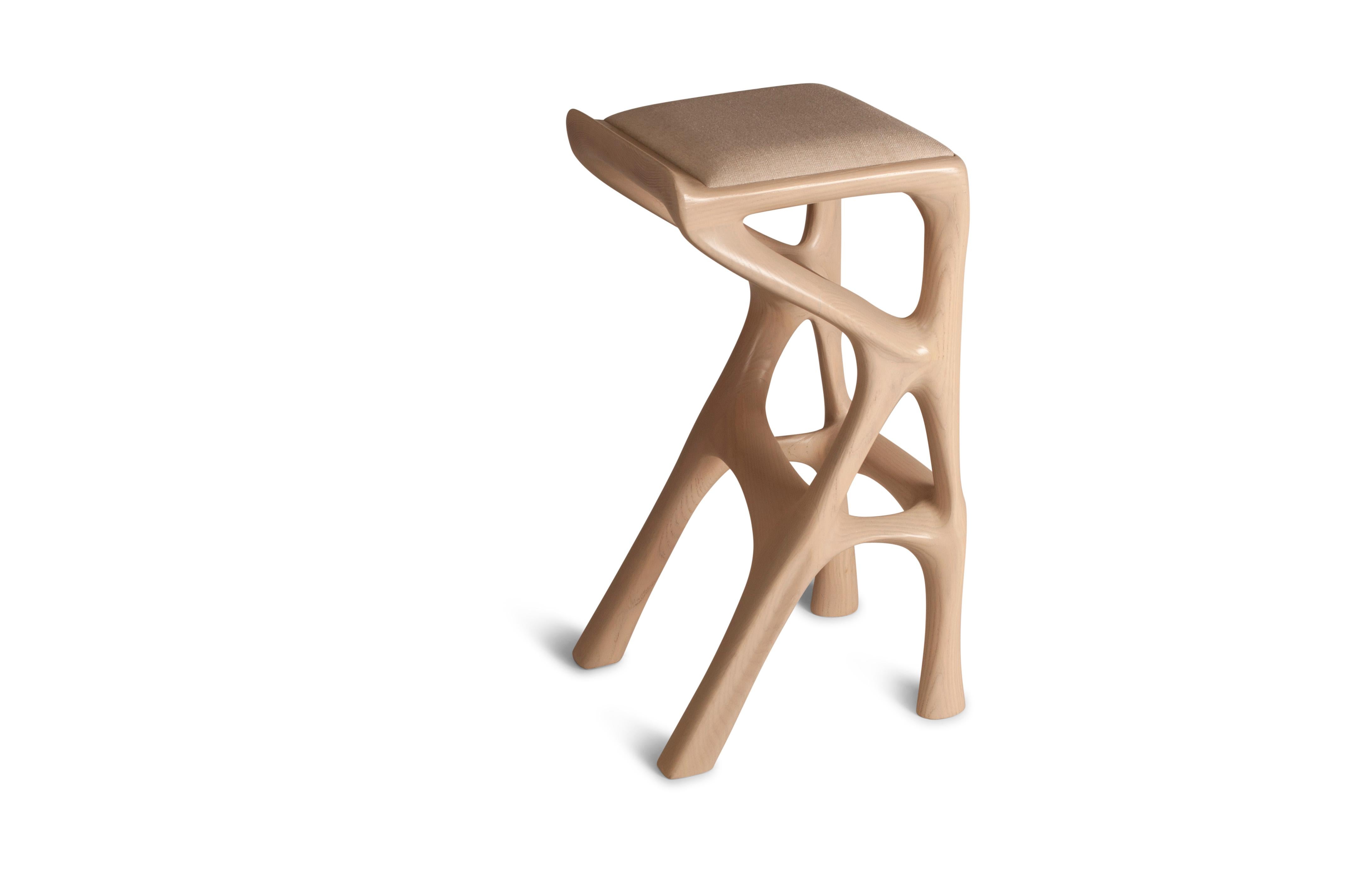 Amorph Chimera Bar Stool Asian Sand stain on Ash wood with Upholstery In New Condition For Sale In Los Angeles, CA