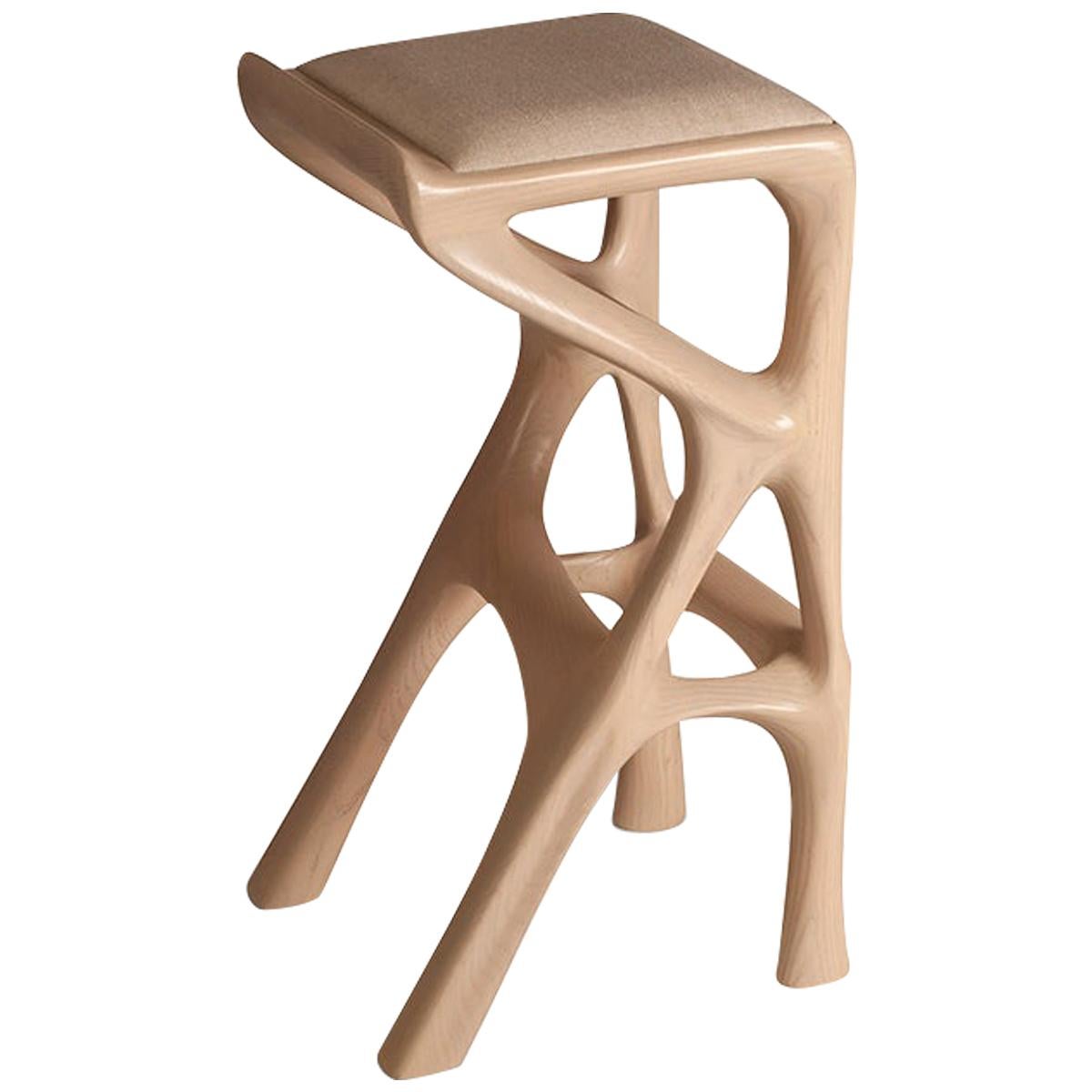 Amorph Chimera Bar Stool Asian Sand stain on Ash wood with Upholstery For Sale