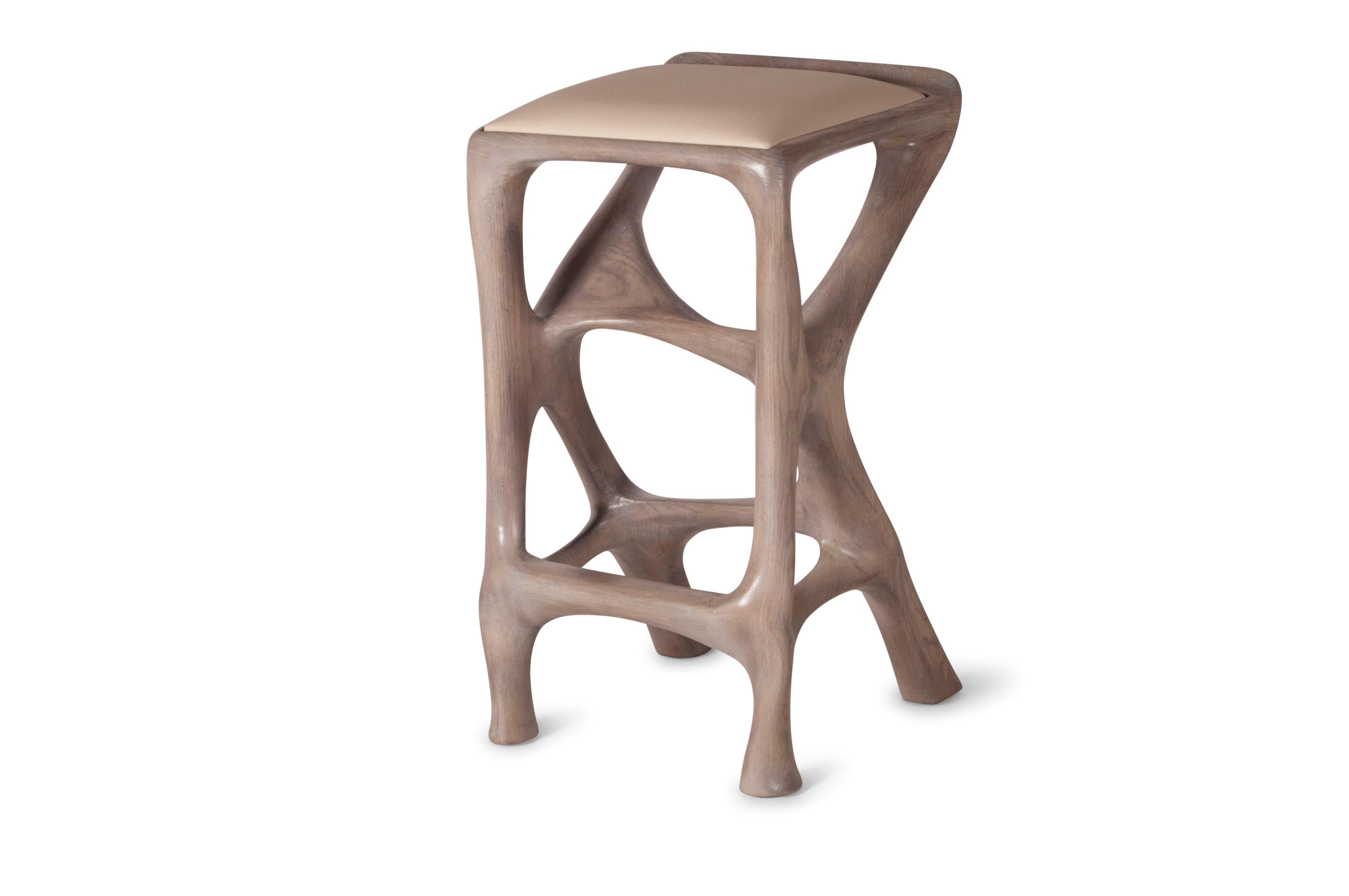 Modern Amorph Chimera Bar Stool in Gray Oak stain on Ash wood counter height For Sale