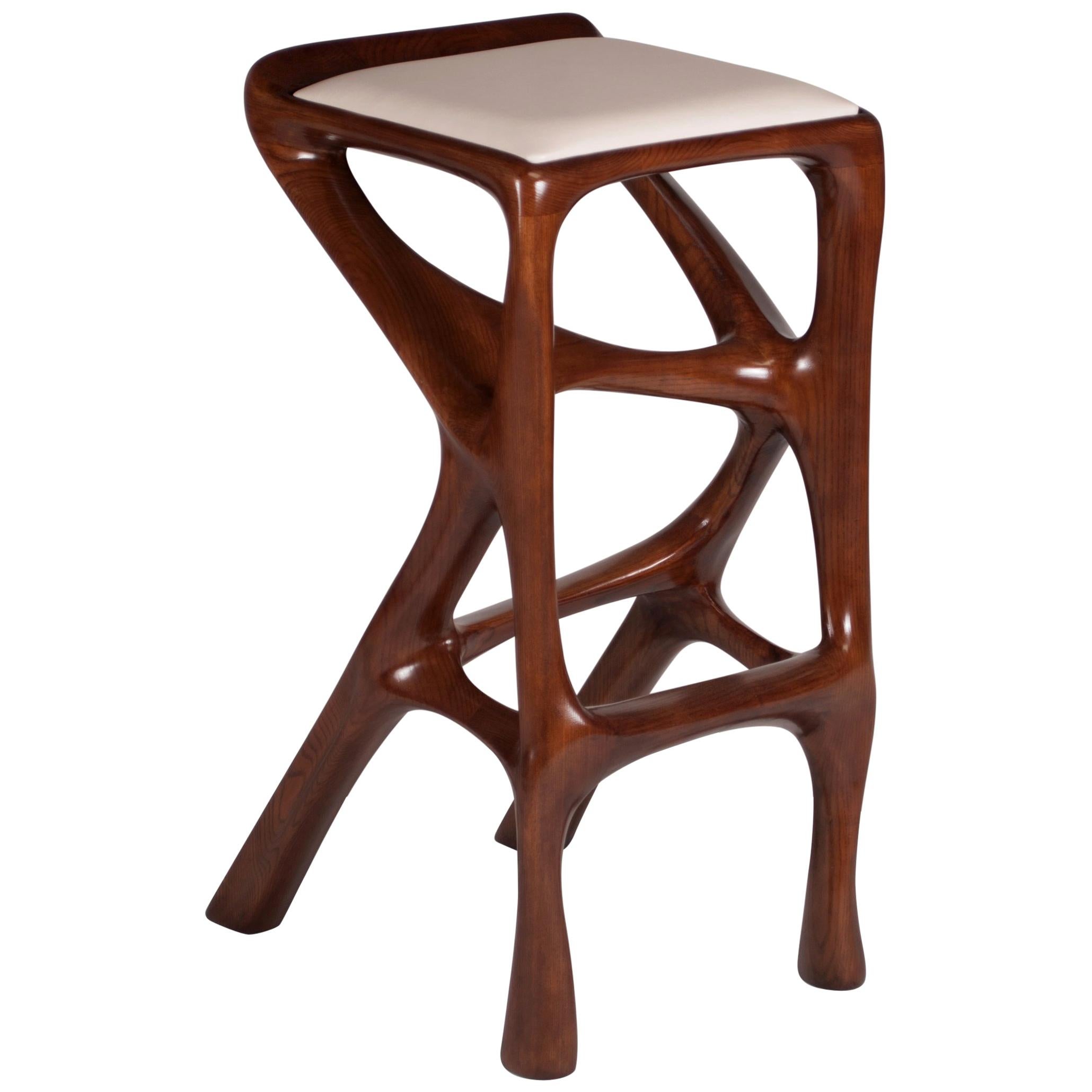 Barstool designed by Amorph made out of solid ashwood and leather. Stain color: Rusted walnut
Dimension: 31