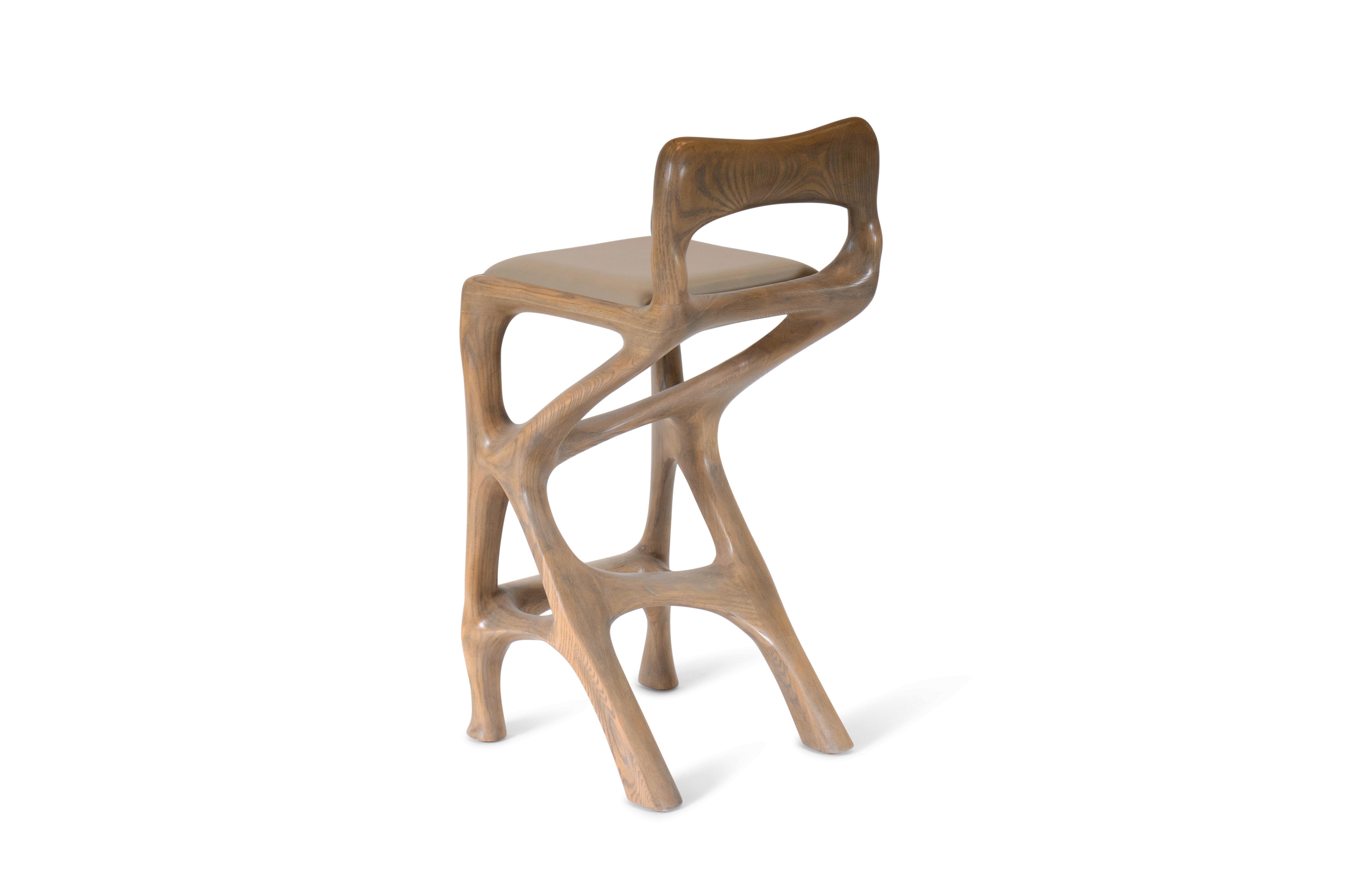 Organic Modern Amorph Chimera Bar Stool with Back in Antique Oak stain on Ash wood  For Sale