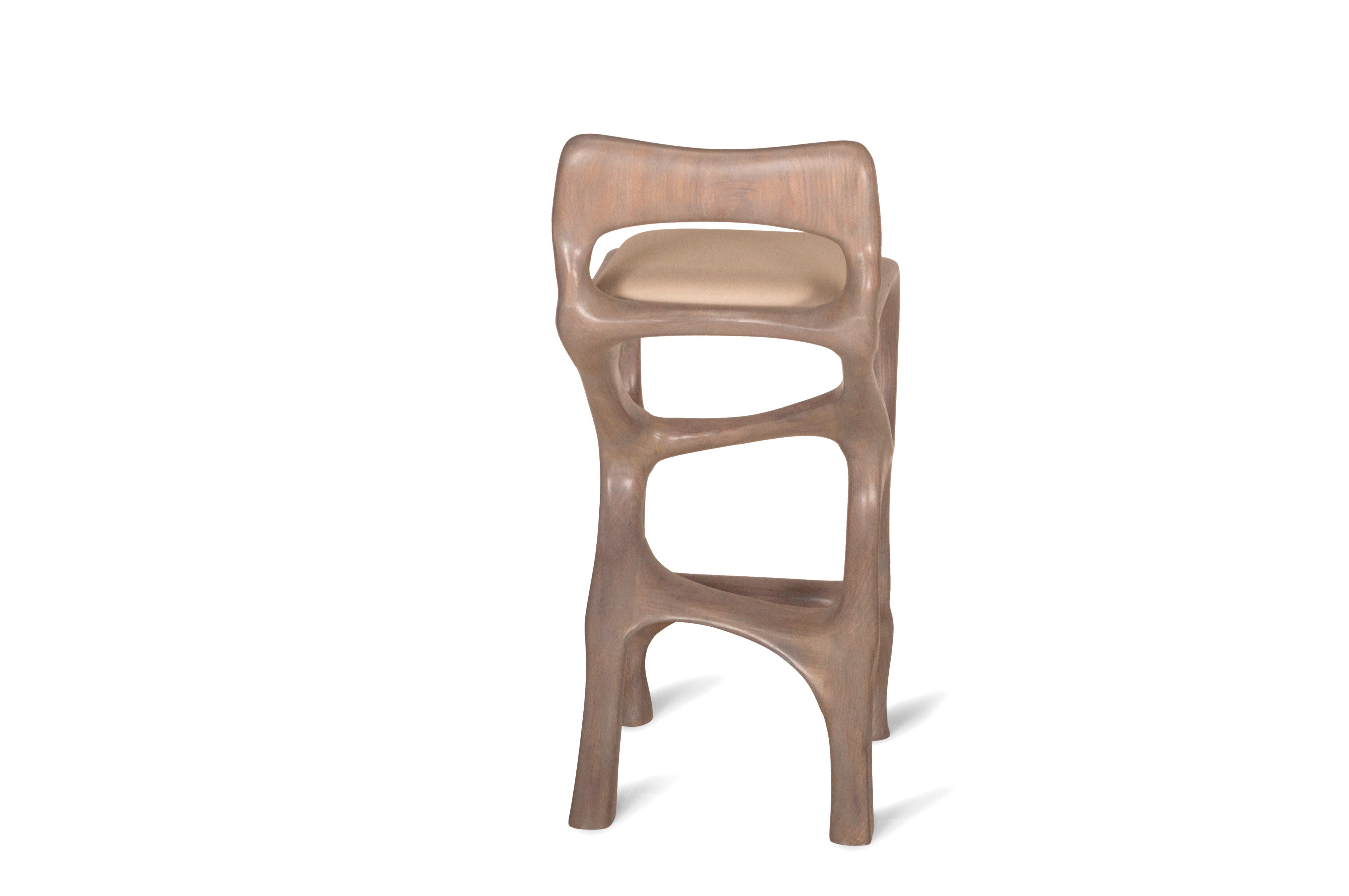 Organic Modern Amorph Chimera Bar Stool with Back in Gray Oak stain on Ash wood  For Sale