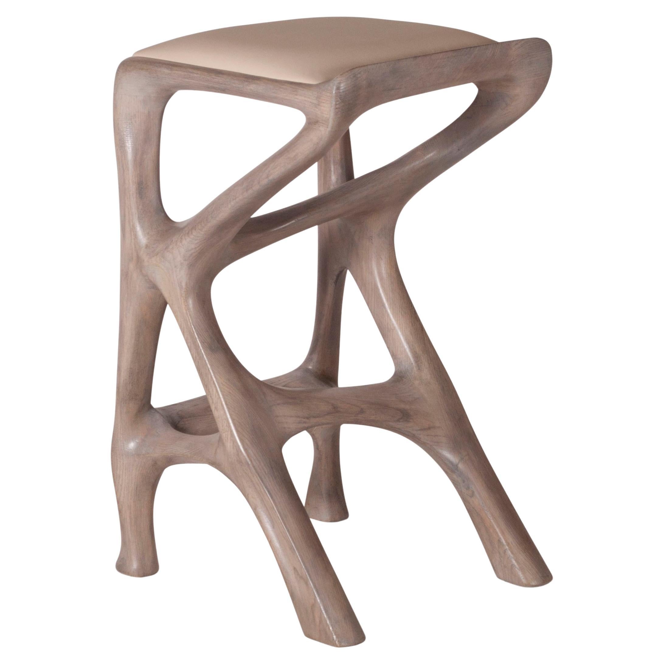 Chimera Bar Stool, Gray Oak stain, Ash wood, with Leather Upholstery by Amorph