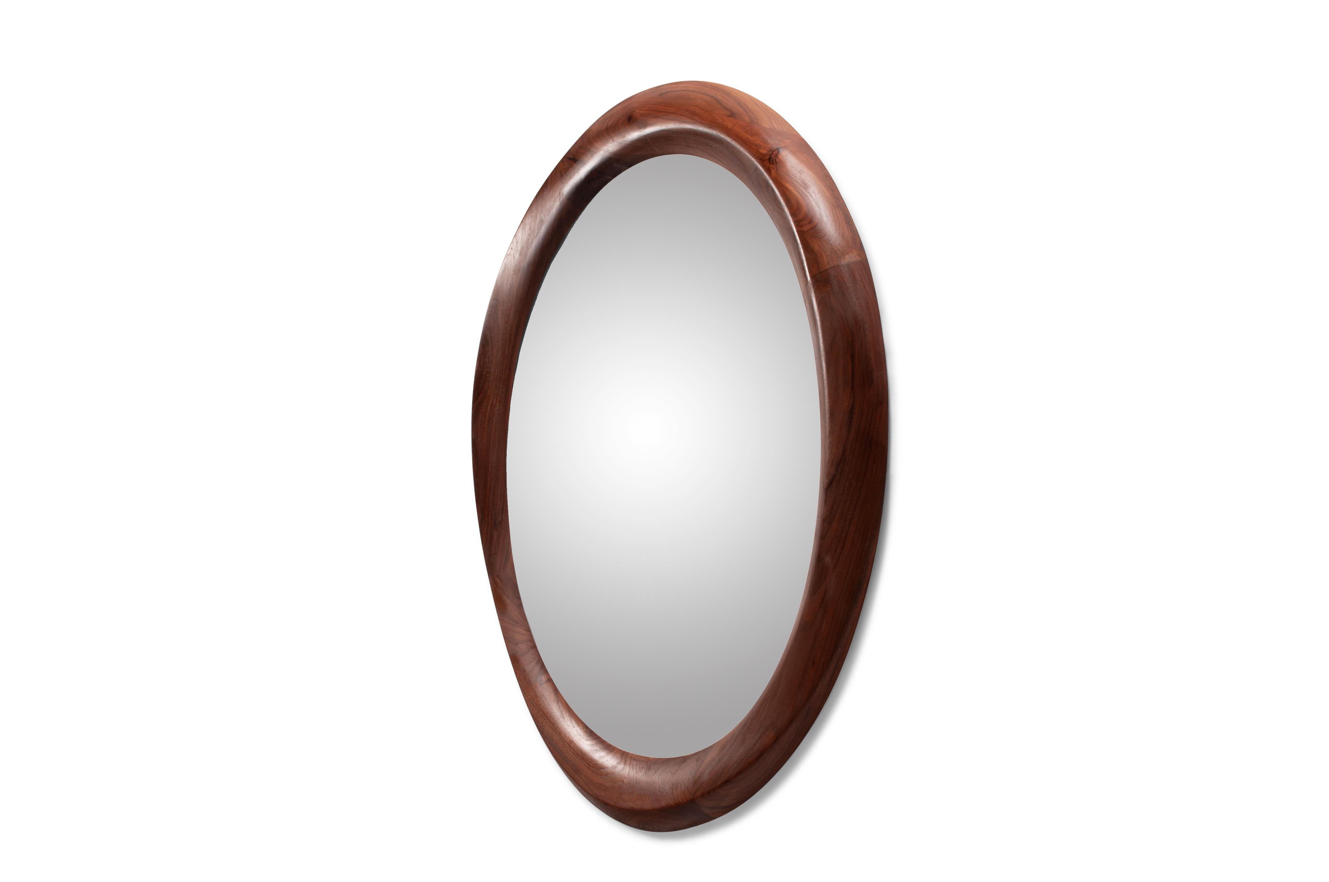 Carved Amorph Contemporary Chiara Mirror Solid Walnut Wood Natural Stain For Sale