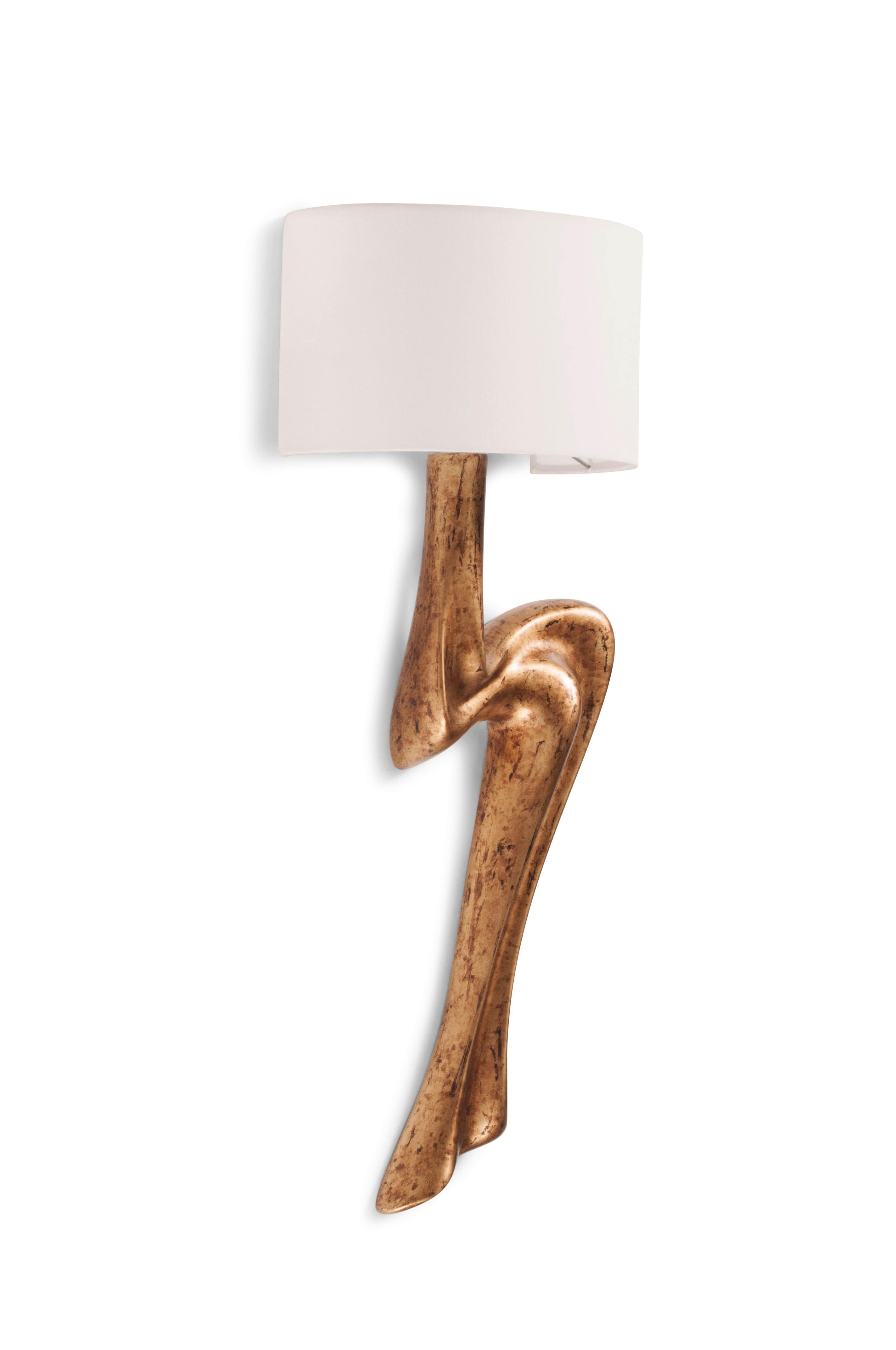 Modern Amorph Emma Sconces Wall Lighting in Rusted Gold Finish with Ivory Silk Shade For Sale