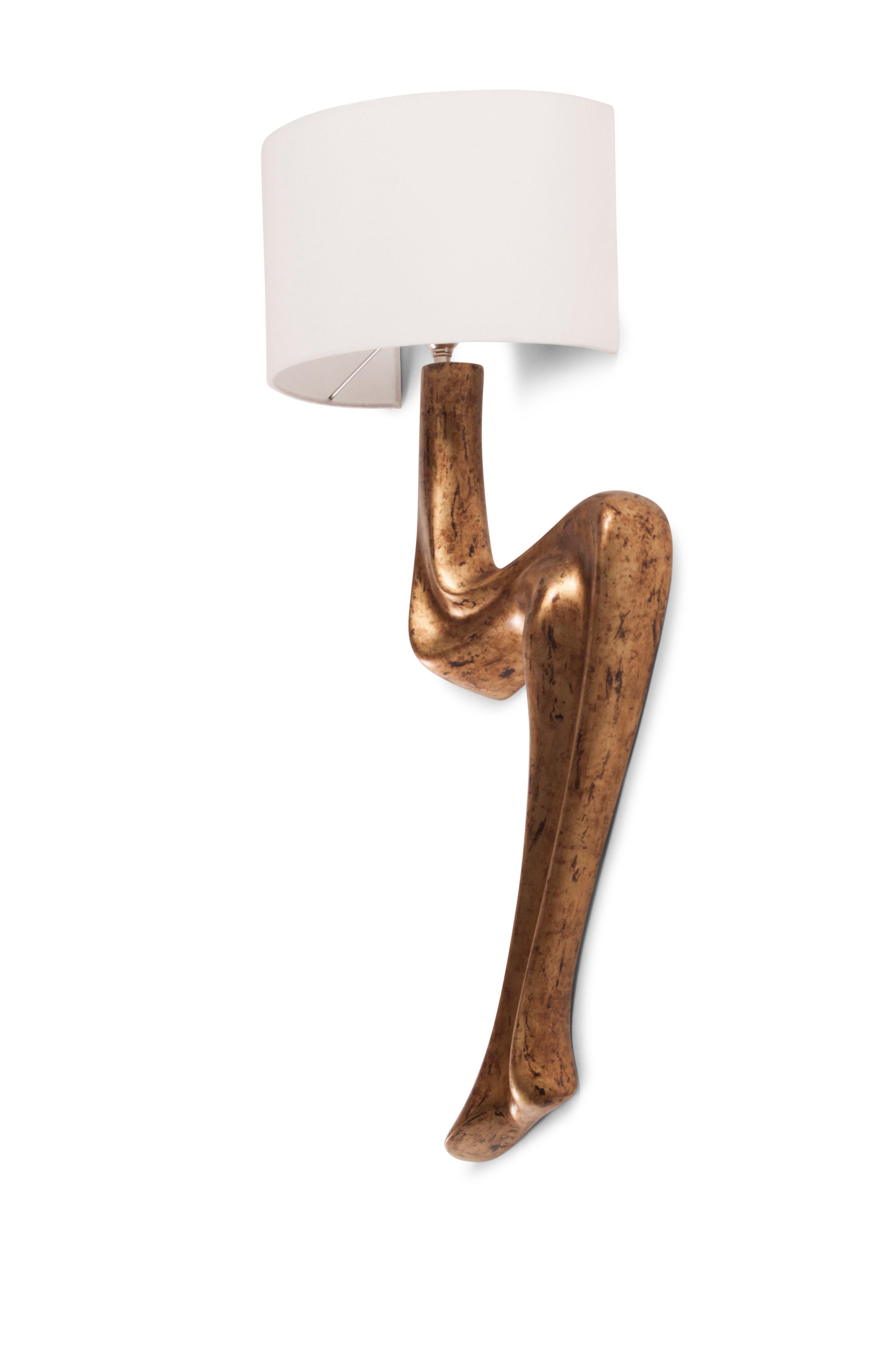 Carved Amorph Emma Sconces Wall Lighting in Rusted Gold Finish with Ivory Silk Shade For Sale